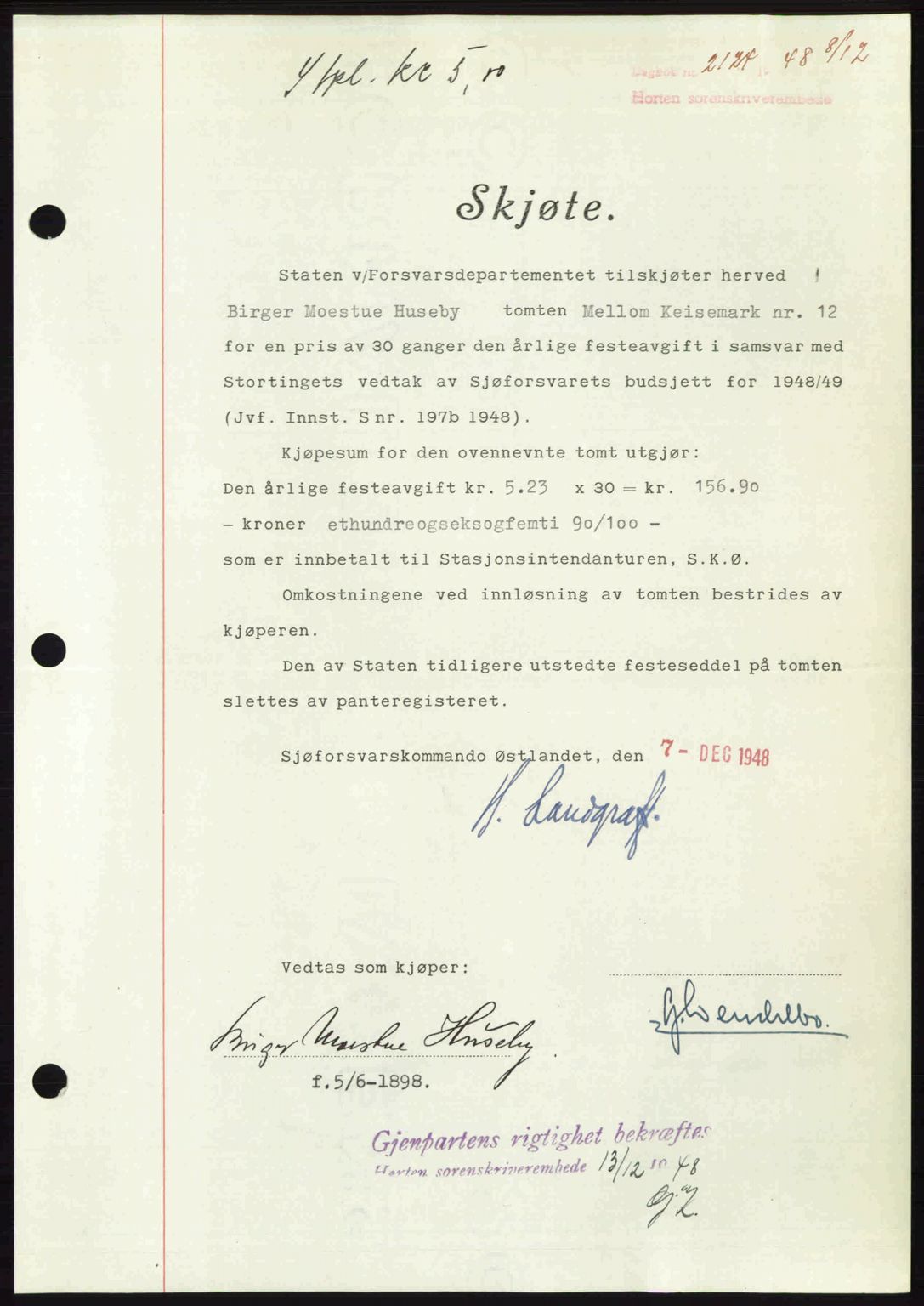 Horten sorenskriveri, AV/SAKO-A-133/G/Ga/Gaa/L0011: Mortgage book no. A-11, 1948-1948, Diary no: : 2124/1948