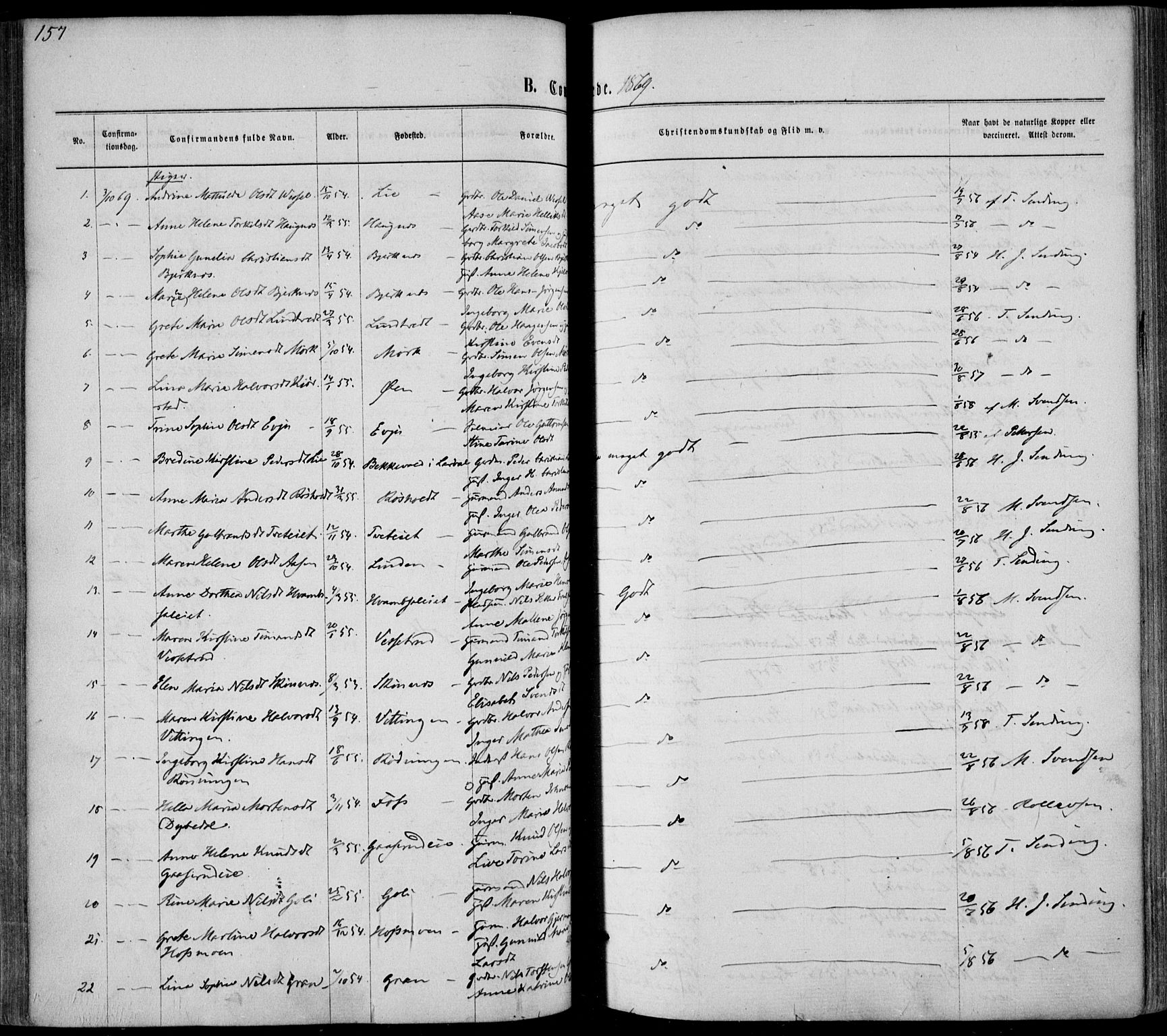 Sandsvær kirkebøker, AV/SAKO-A-244/F/Fa/L0007: Parish register (official) no. I 7, 1869-1877, p. 157