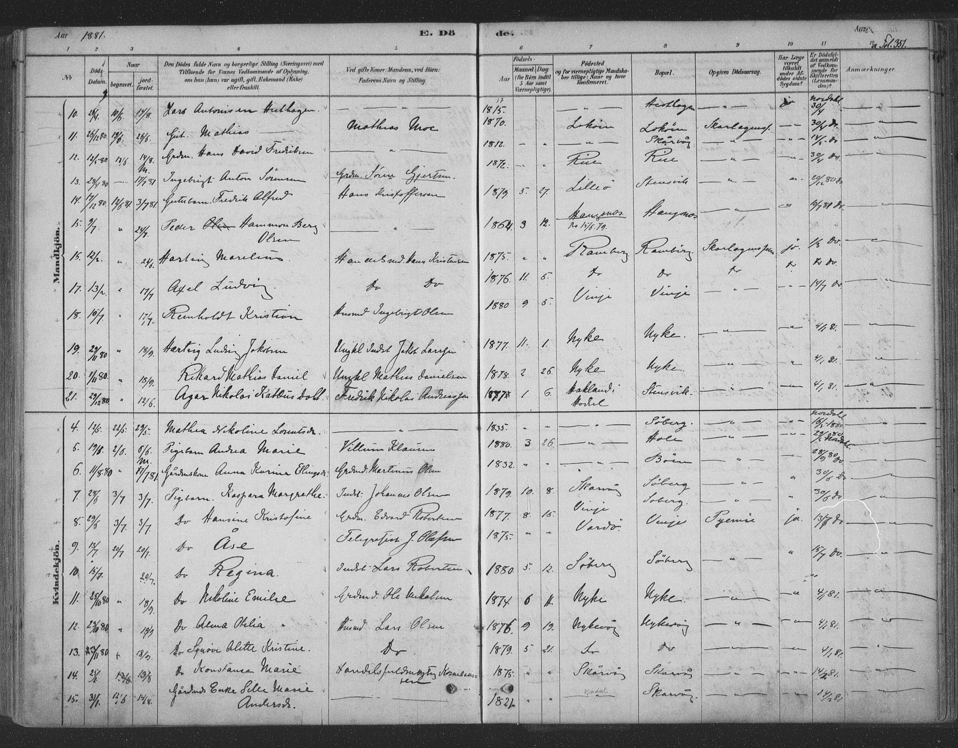 Ministerialprotokoller, klokkerbøker og fødselsregistre - Nordland, AV/SAT-A-1459/891/L1302: Parish register (official) no. 891A07, 1878-1895, p. 351