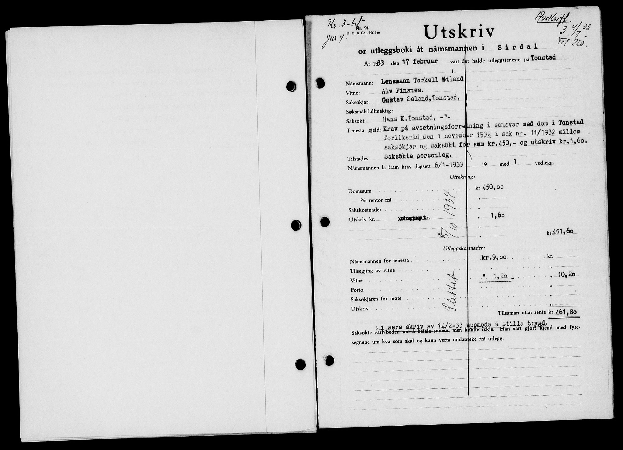 Flekkefjord sorenskriveri, SAK/1221-0001/G/Gb/Gba/L0049: Mortgage book no. 46, 1933-1934, Deed date: 04.07.1933