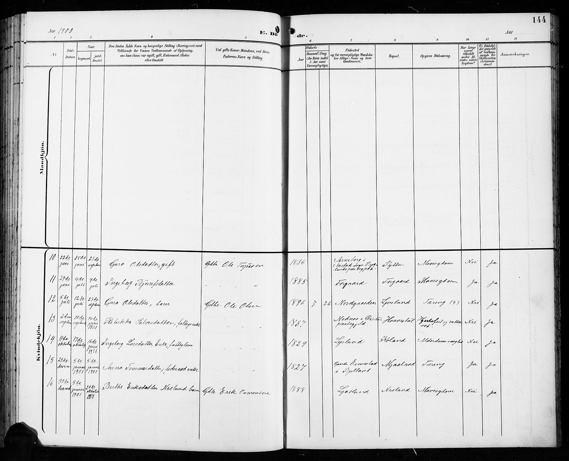 Åseral sokneprestkontor, AV/SAK-1111-0051/F/Fb/L0003: Parish register (copy) no. B 3, 1900-1919, p. 144