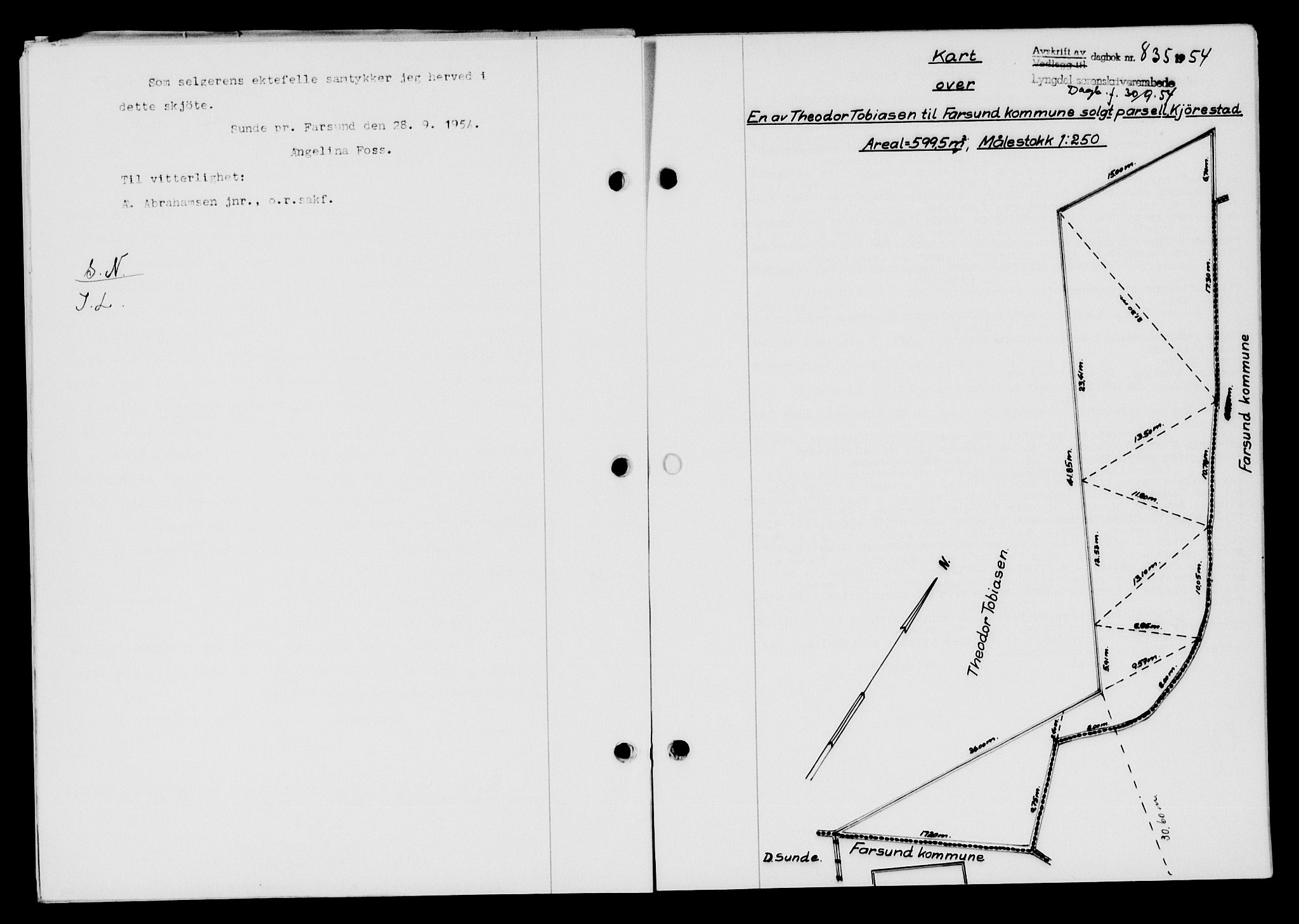 Lyngdal sorenskriveri, AV/SAK-1221-0004/G/Gb/L0670: Mortgage book no. A XVI, 1954-1954, Diary no: : 835/1954