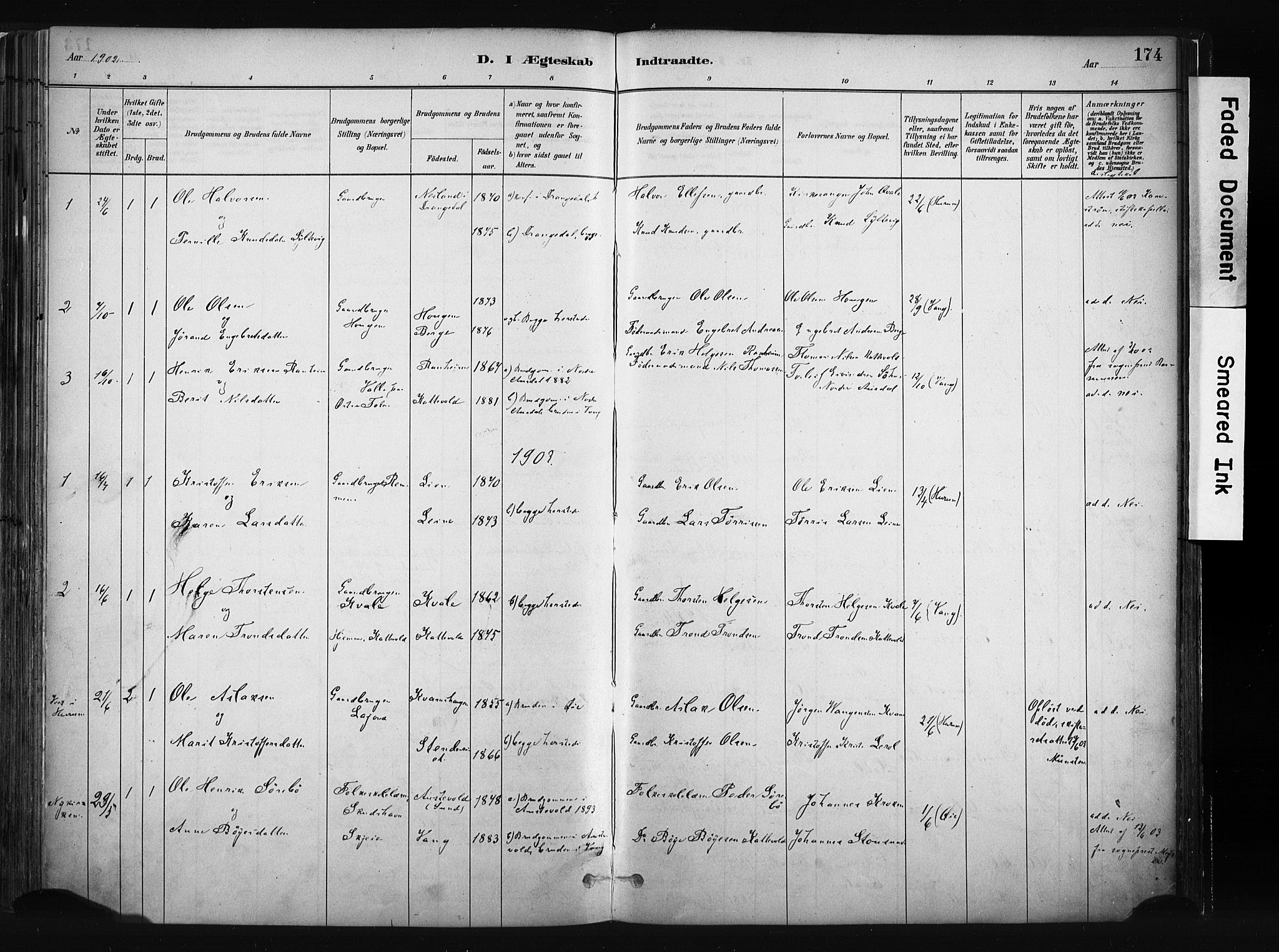 Vang prestekontor, Valdres, SAH/PREST-140/H/Ha/L0008: Parish register (official) no. 8, 1882-1910, p. 174
