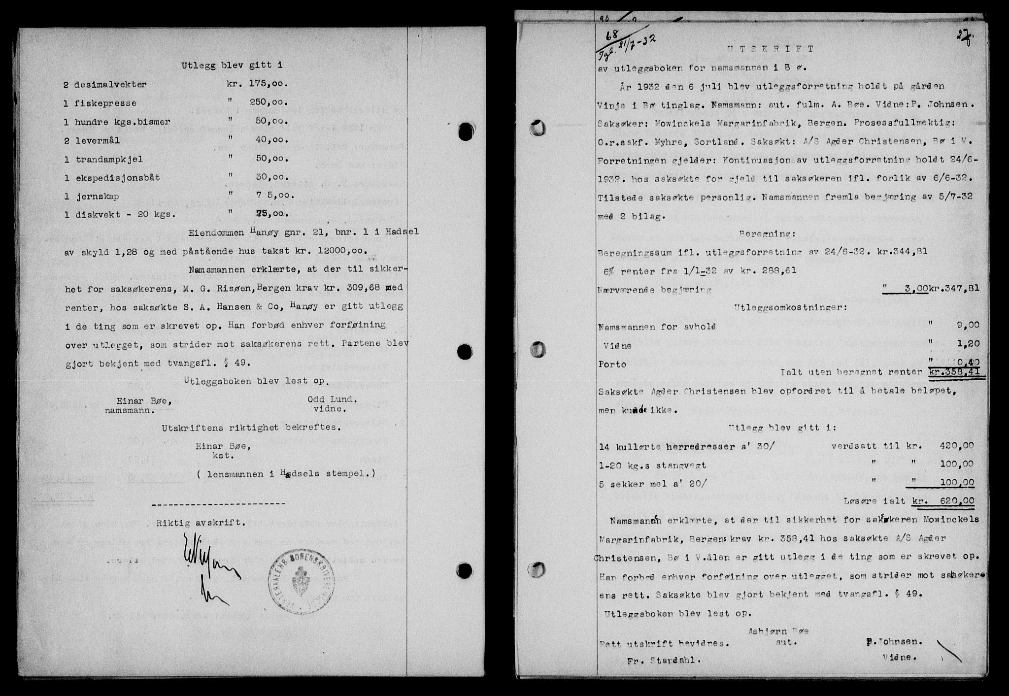 Vesterålen sorenskriveri, SAT/A-4180/1/2/2Ca/L0056: Mortgage book no. 49, 1932-1933, Deed date: 21.07.1932