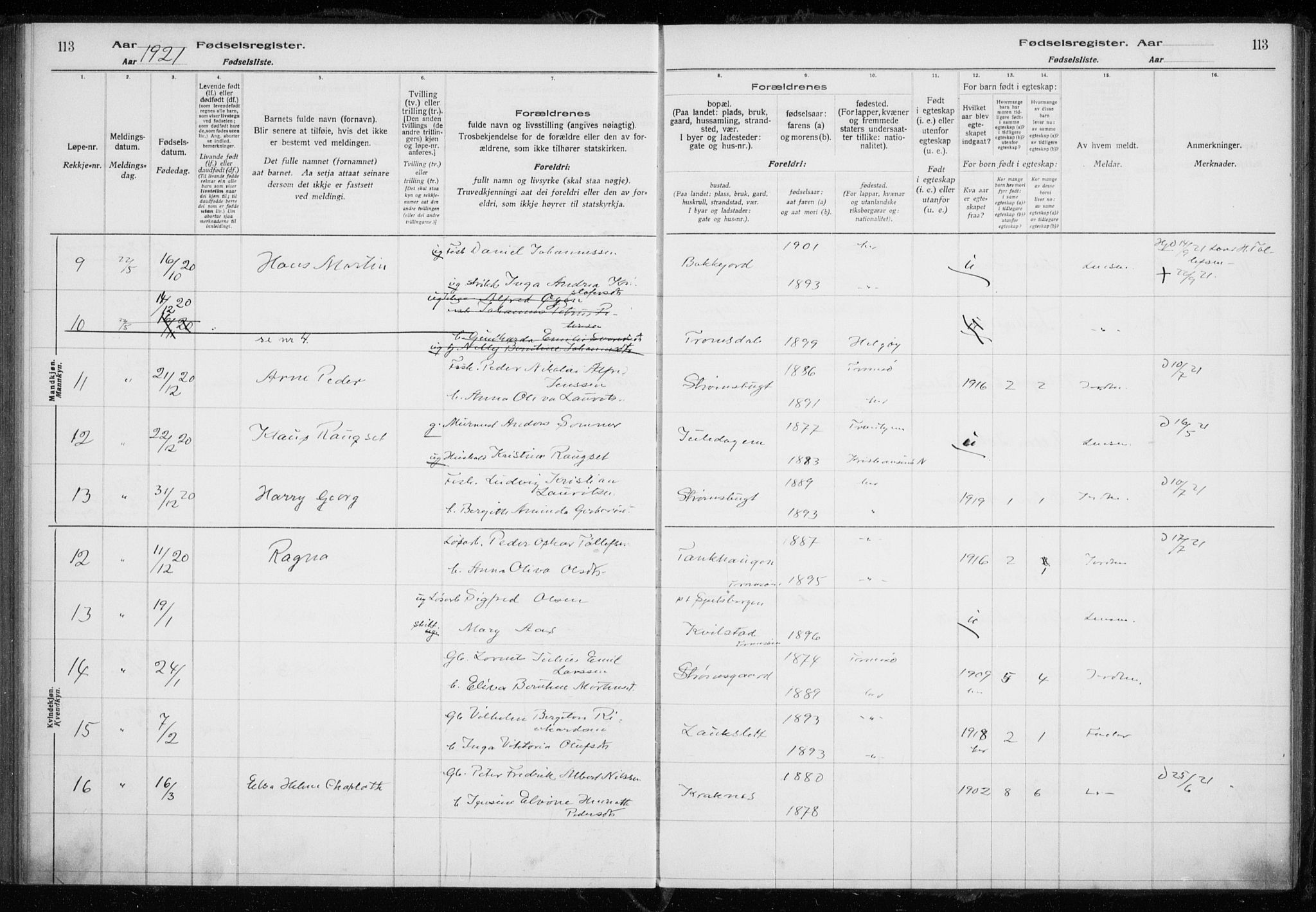 Tromsøysund sokneprestkontor, AV/SATØ-S-1304/H/Ha/L0079: Birth register no. 79, 1916-1924, p. 113