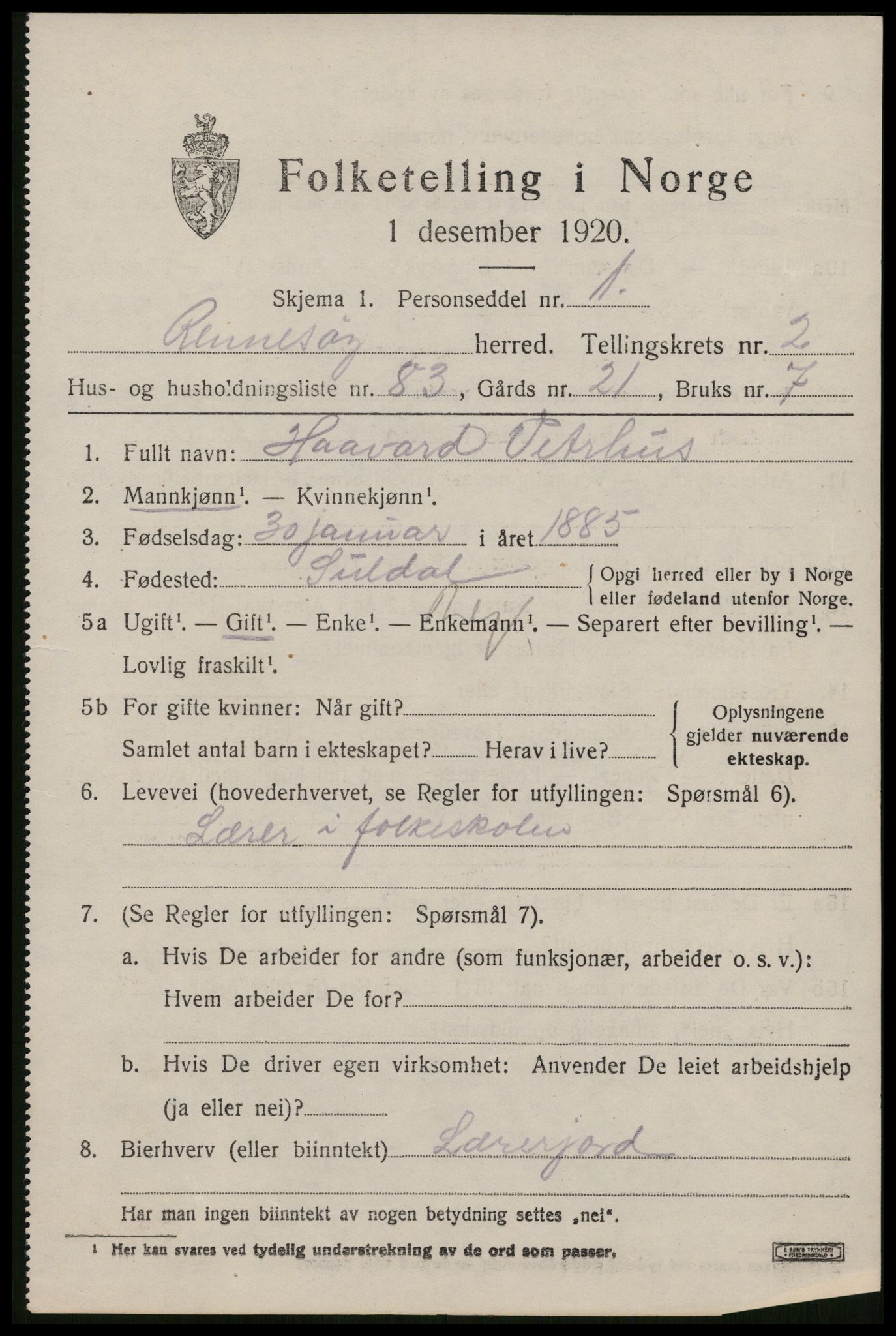 SAST, 1920 census for Rennesøy, 1920, p. 1926