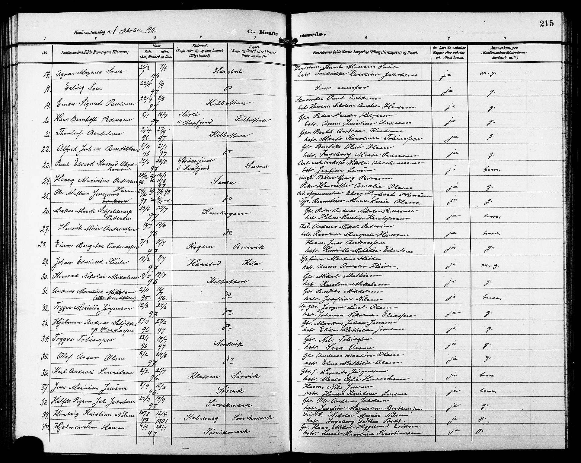 Trondenes sokneprestkontor, AV/SATØ-S-1319/H/Hb/L0012klokker: Parish register (copy) no. 12, 1907-1916, p. 215