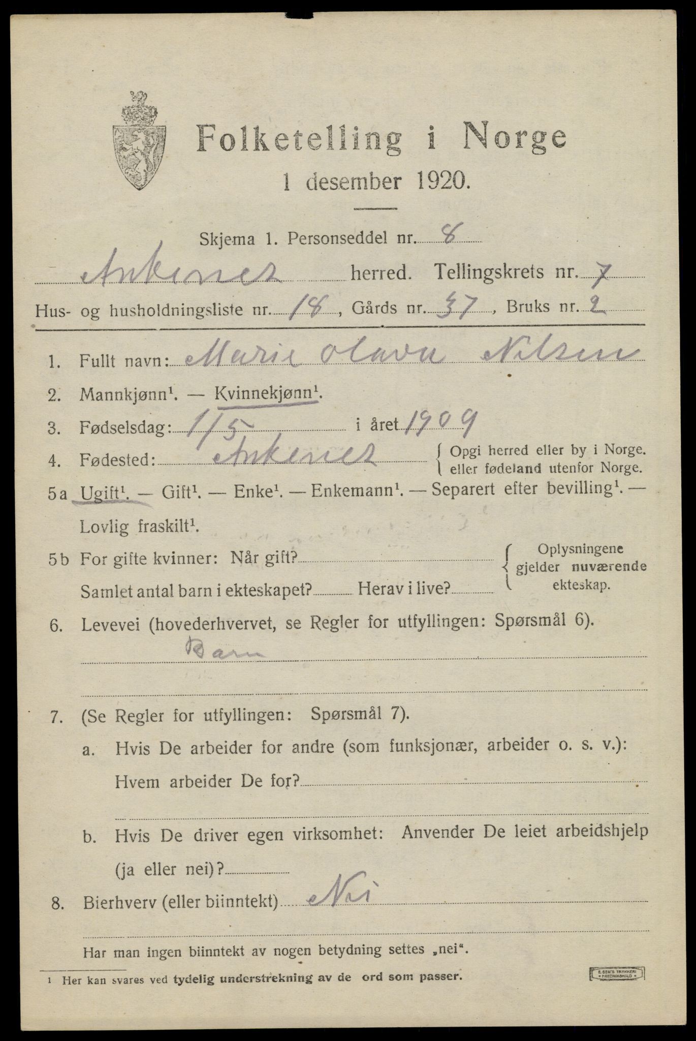 SAT, 1920 census for Ankenes, 1920, p. 3919