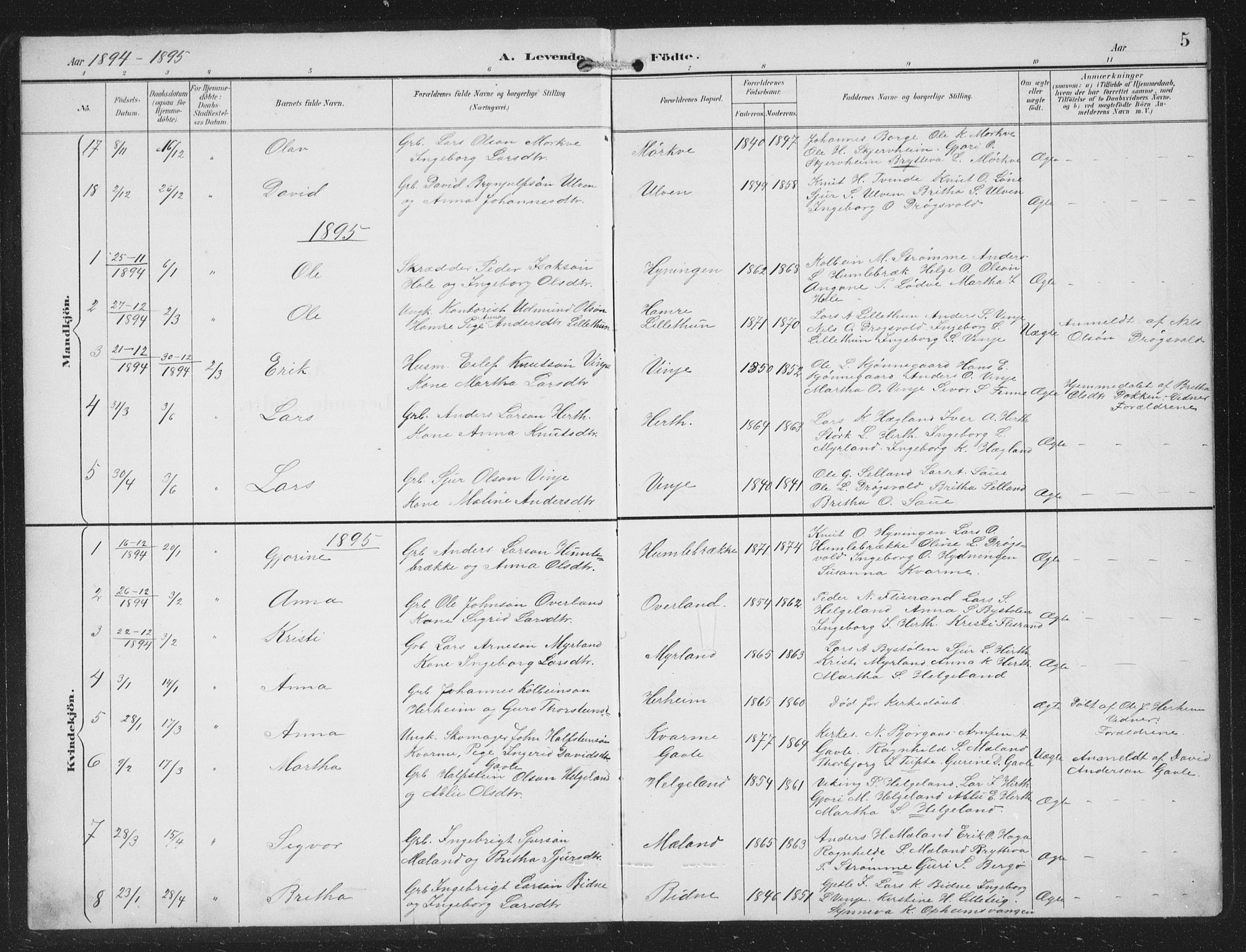 Vossestrand Sokneprestembete, SAB/A-79101/H/Hab: Parish register (copy) no. B 4, 1894-1941, p. 5