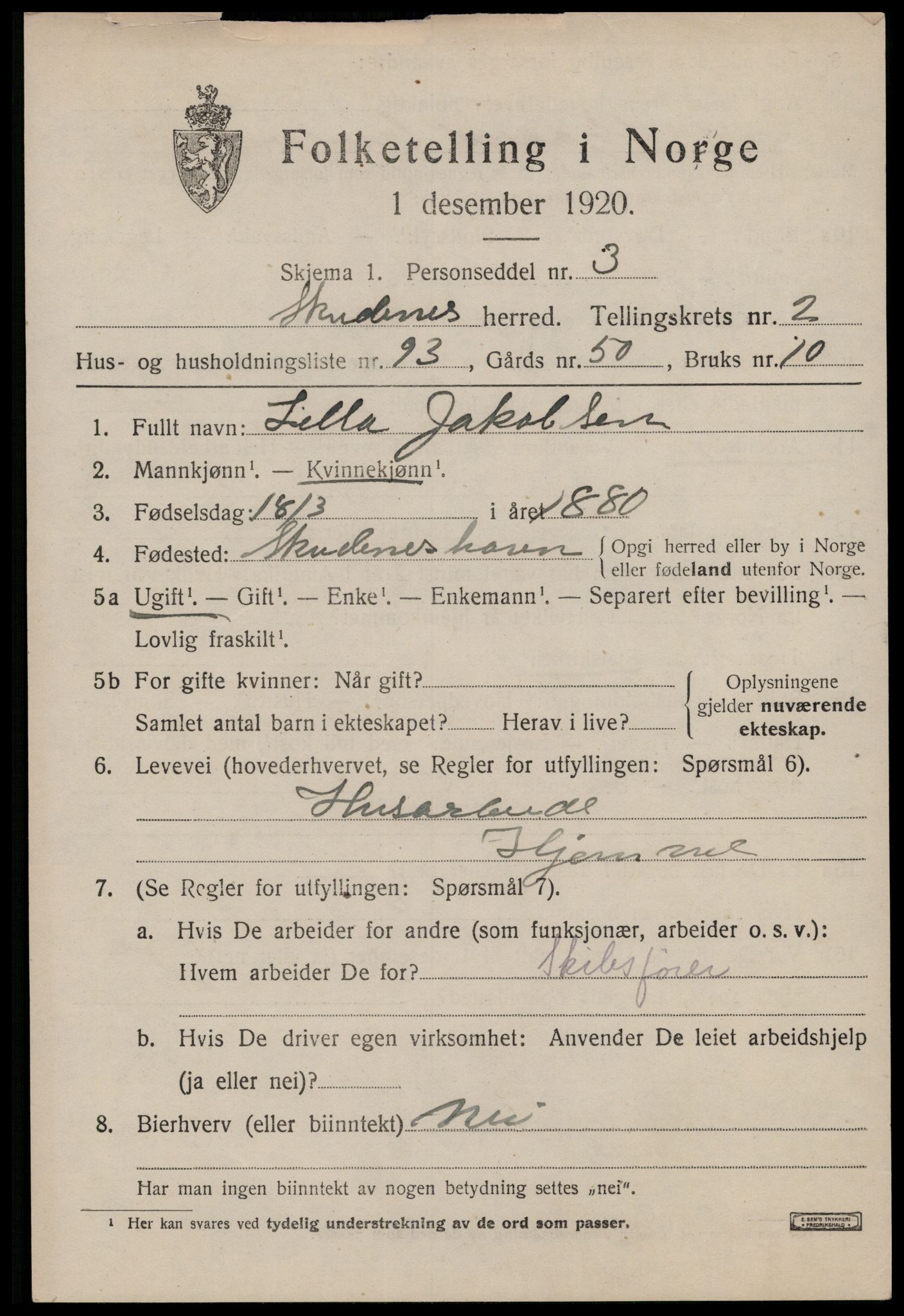 SAST, 1920 census for Skudenes, 1920, p. 2444