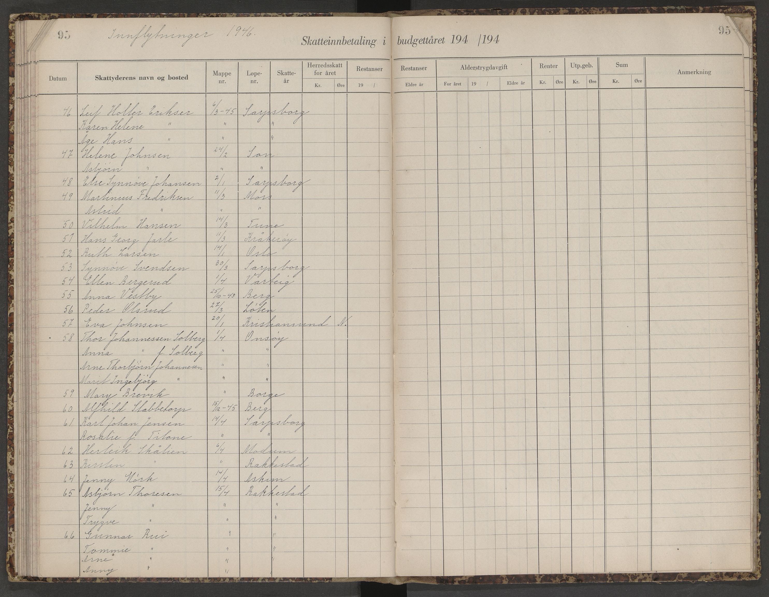 Skjeberg folkeregister, AV/SAO-A-10495/K/Ka/L0003: Fortegnelse over inn- og utflyttede, 1943-1947, p. 95