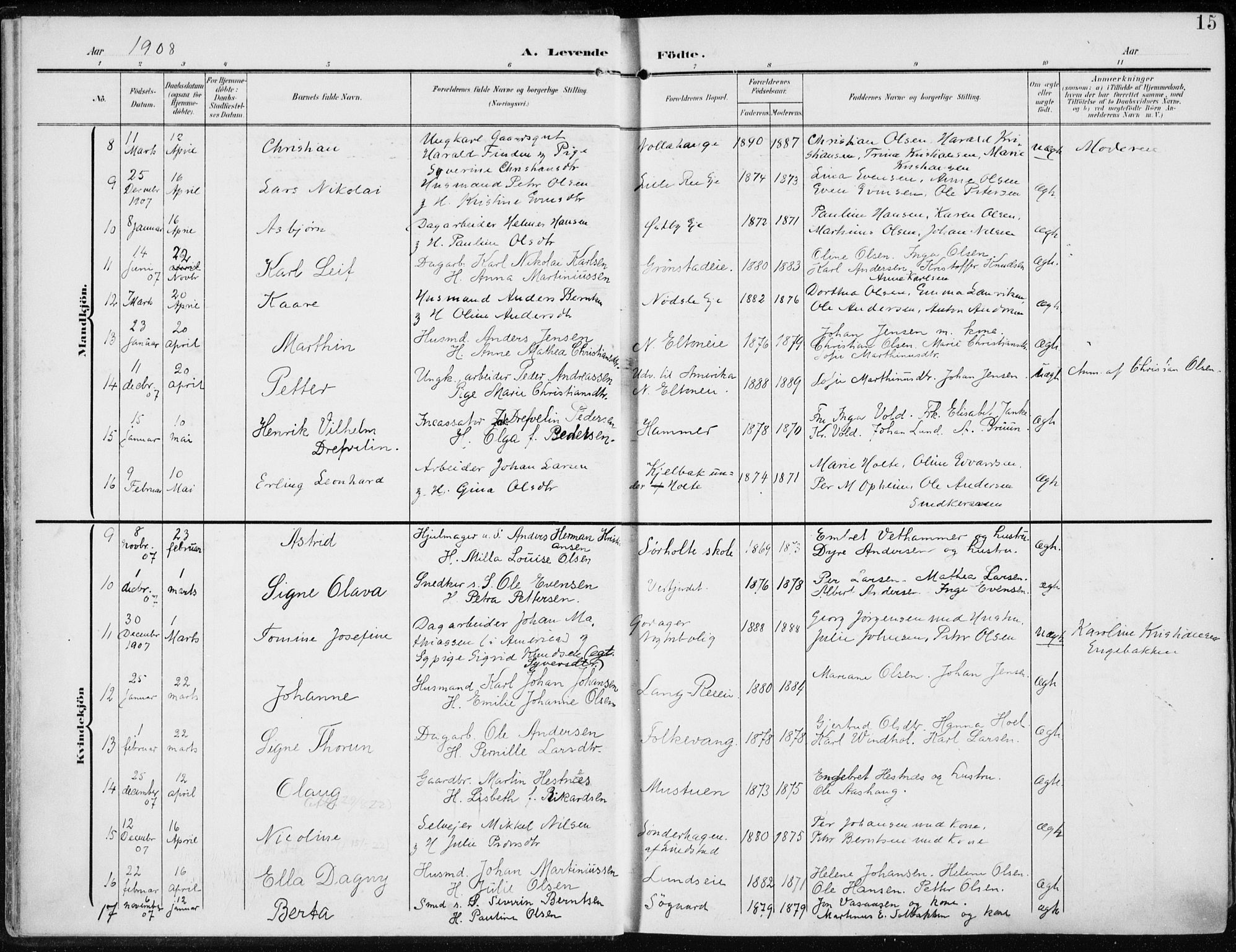 Stange prestekontor, AV/SAH-PREST-002/K/L0024: Parish register (official) no. 24, 1906-1922, p. 15