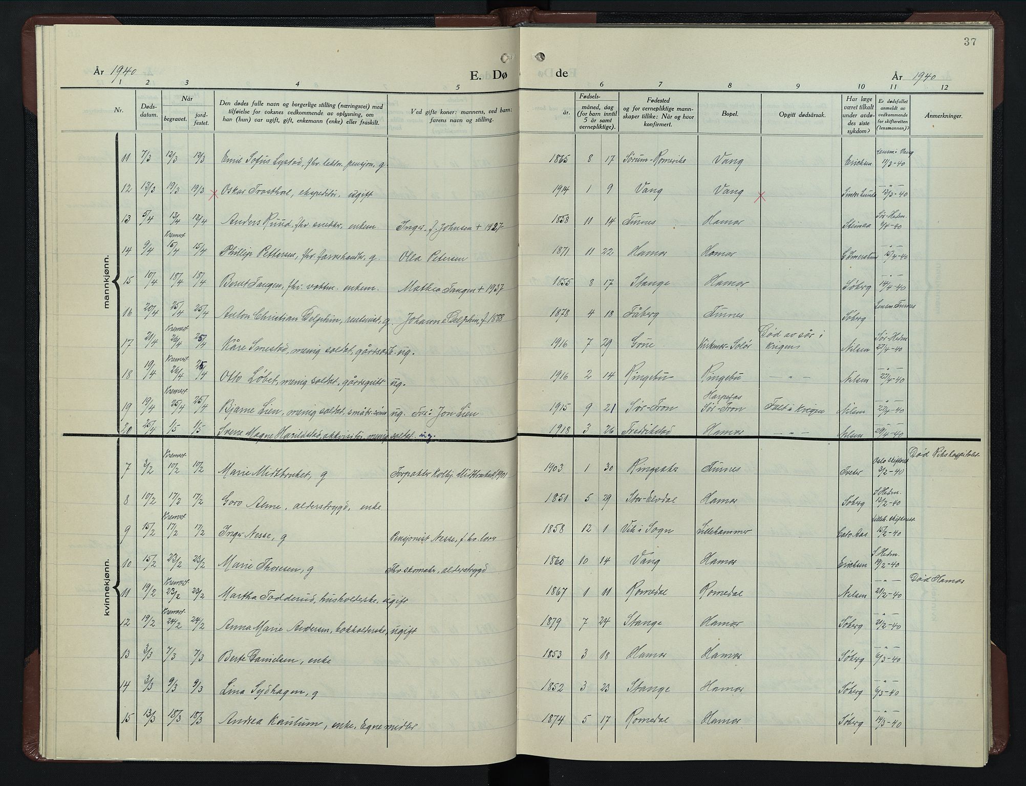 Hamar prestekontor, AV/SAH-DOMPH-002/H/Ha/Hab/L0007: Parish register (copy) no. 7, 1933-1950, p. 37