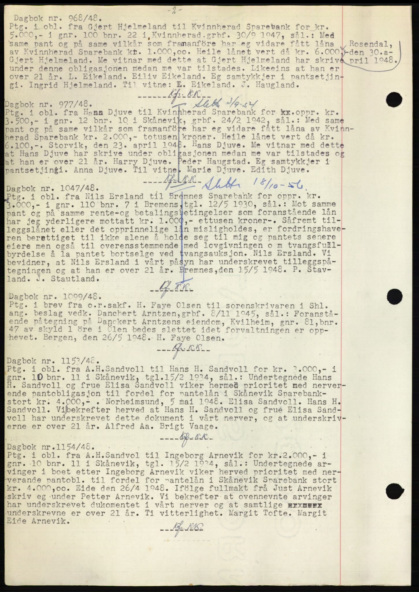 Sunnhordland sorenskrivar, AV/SAB-A-2401: Mortgage book no. B75-79, 1948-1950, Diary no: : 968/1948