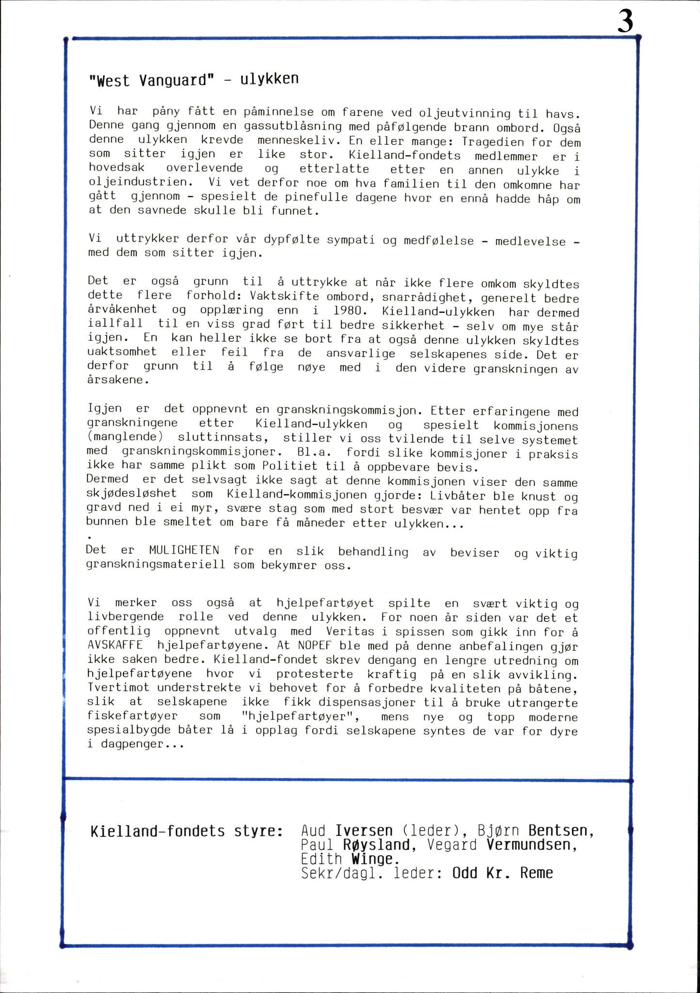 Pa 1660 - Kielland- fondet, AV/SAST-A-102242/X/Xa/L0001: Rapport til overlevende og etterlatte/ Kielland Bulletin, 1980-1998