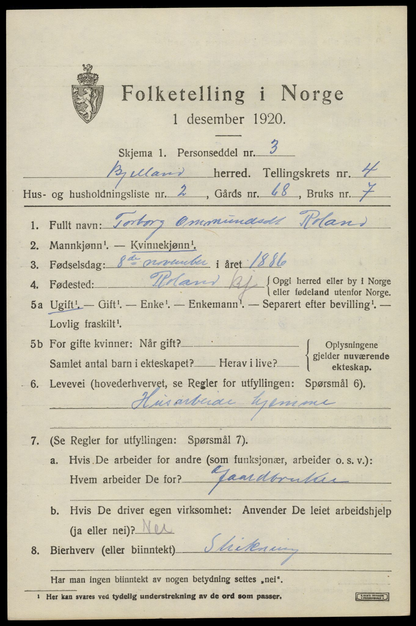 SAK, 1920 census for Bjelland, 1920, p. 1209