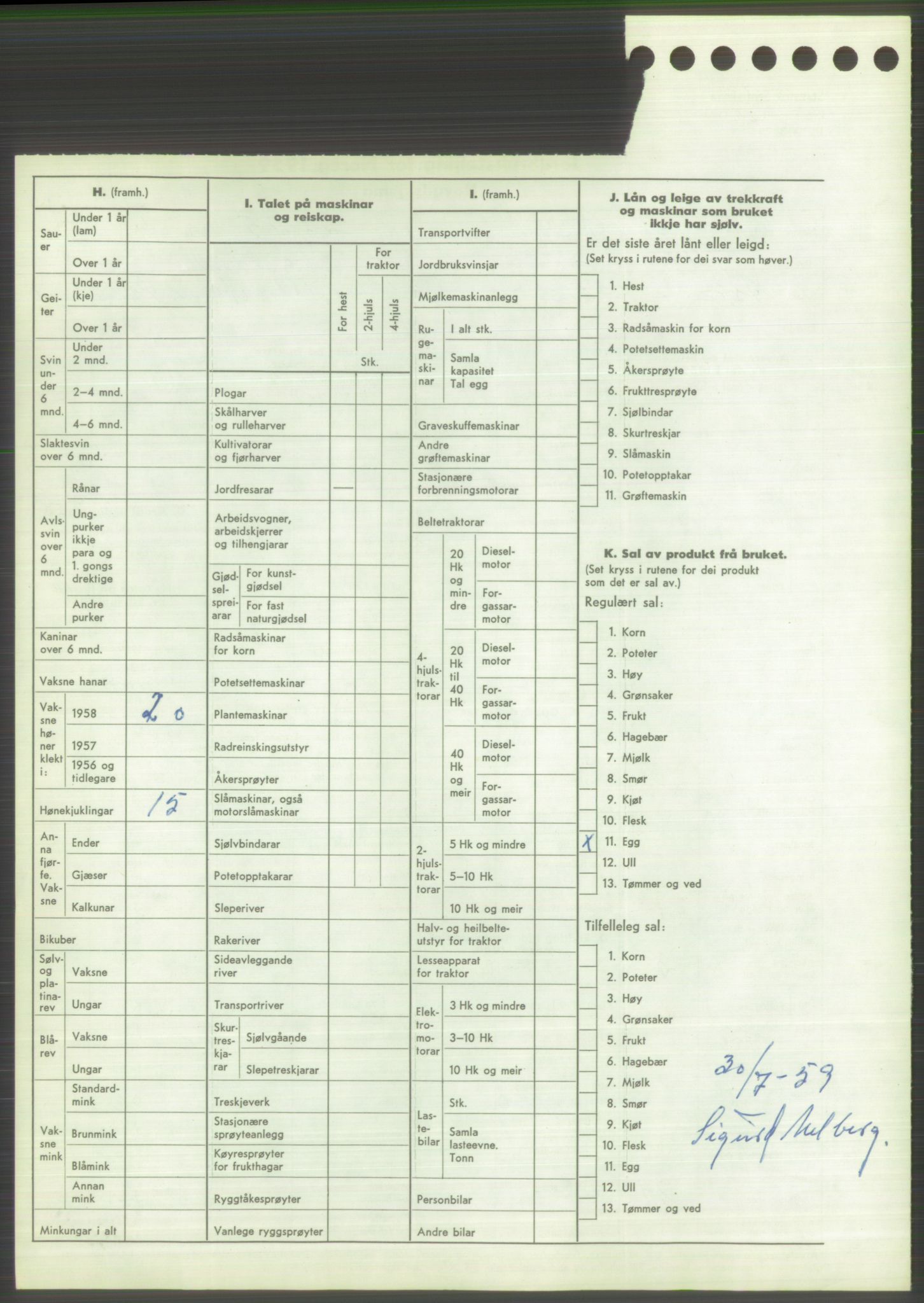 Statistisk sentralbyrå, Næringsøkonomiske emner, Jordbruk, skogbruk, jakt, fiske og fangst, AV/RA-S-2234/G/Gd/L0373: Rogaland: 1130 Strand (kl. 1-2), 1131 Årdal og 1132 Fister, 1959, p. 588