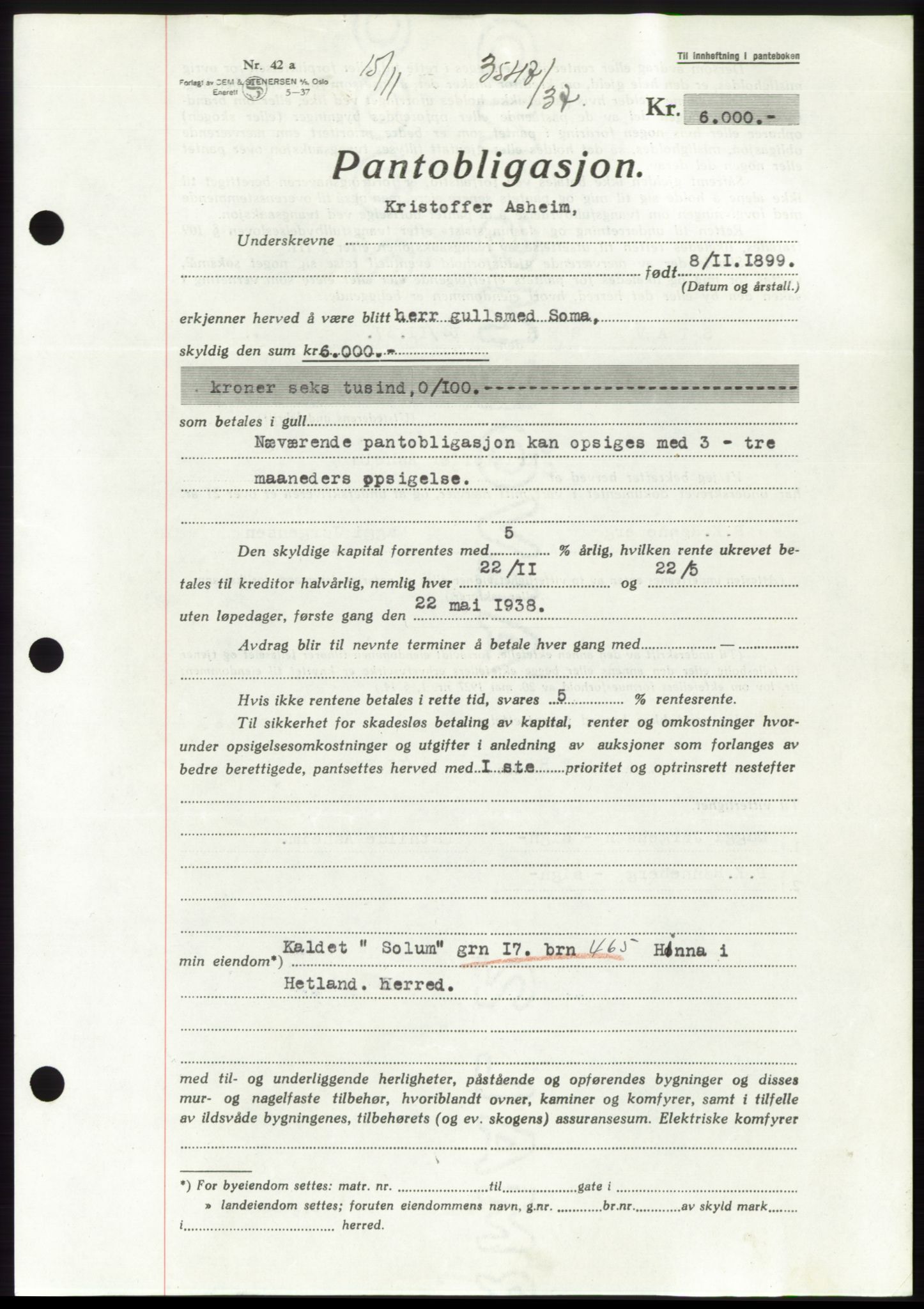 Jæren sorenskriveri, SAST/A-100310/03/G/Gba/L0069: Mortgage book, 1937-1937, Diary no: : 3547/1937