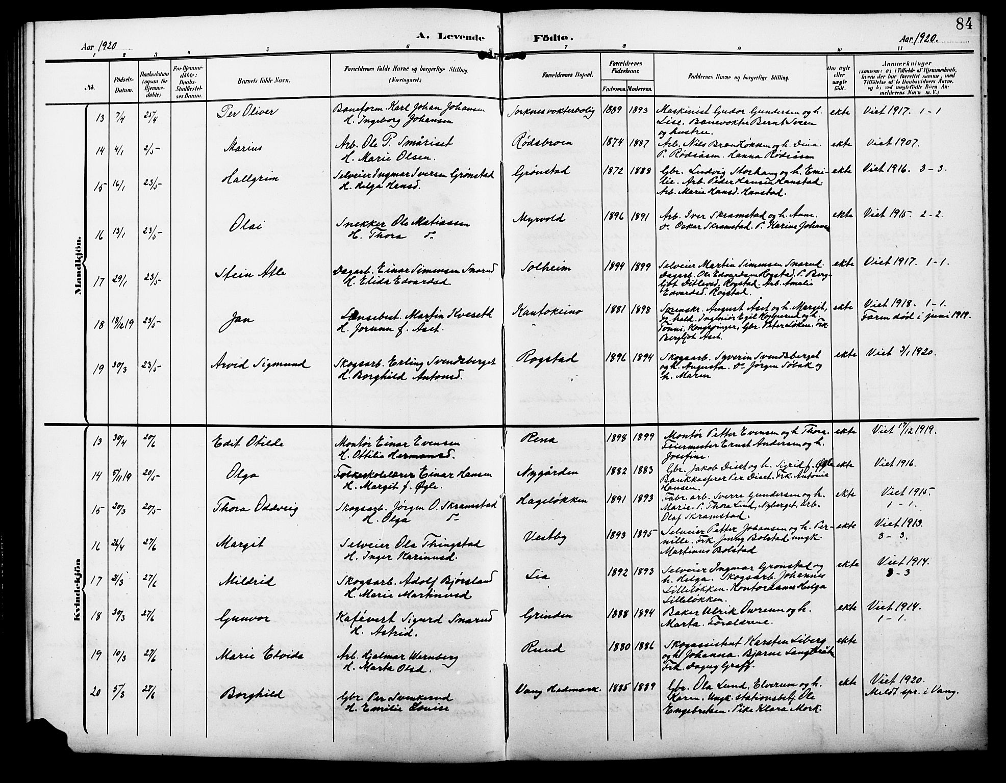 Åmot prestekontor, Hedmark, SAH/PREST-056/H/Ha/Hab/L0004: Parish register (copy) no. 4, 1905-1920, p. 84