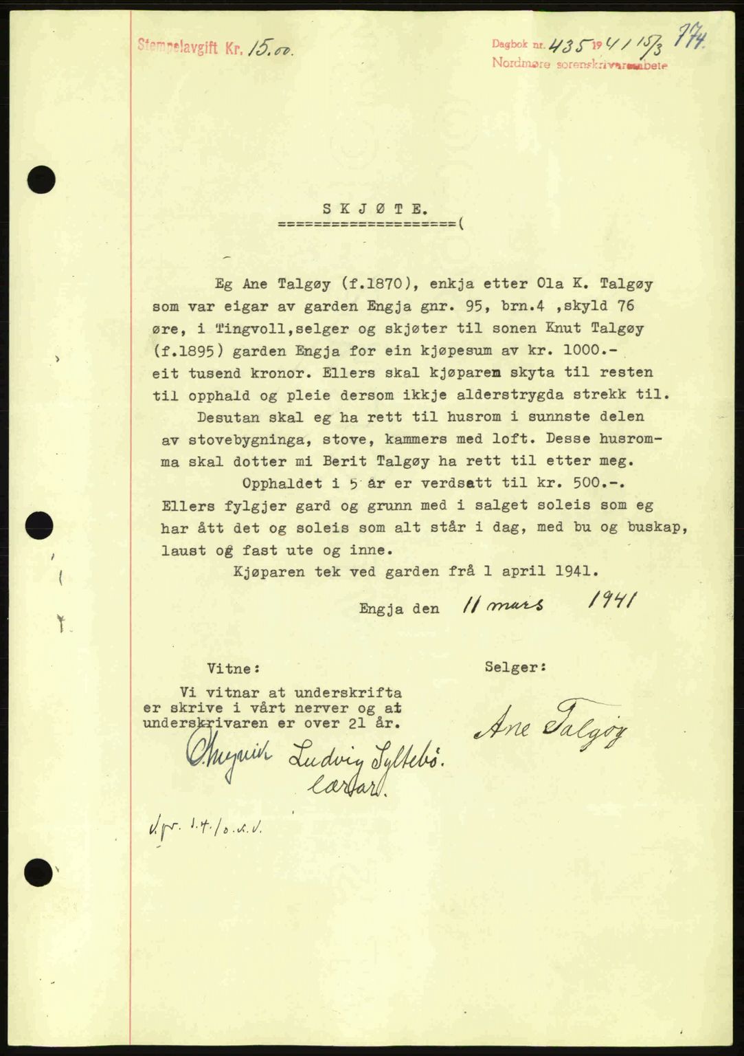 Nordmøre sorenskriveri, SAT/A-4132/1/2/2Ca: Mortgage book no. A89, 1940-1941, Diary no: : 435/1941