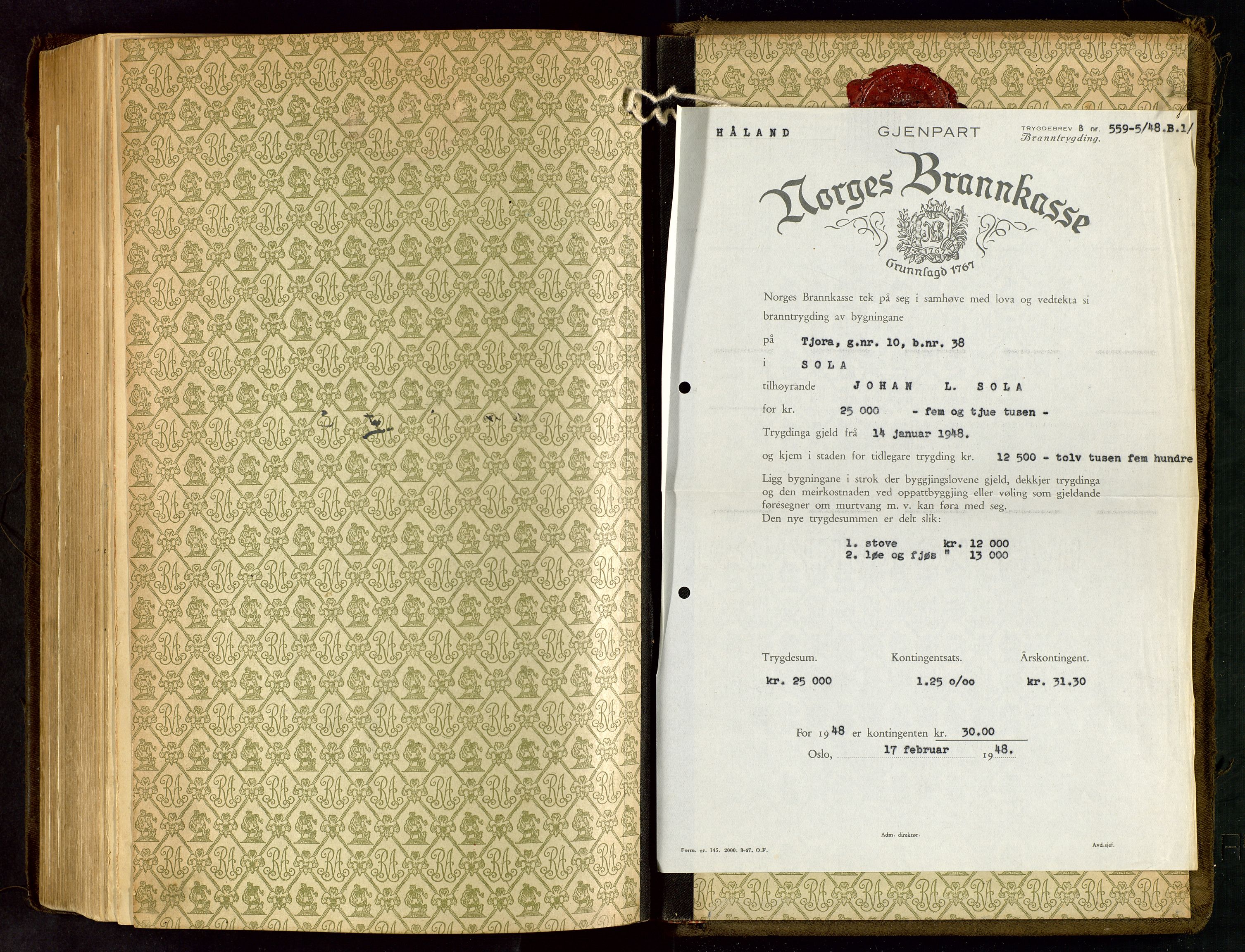Håland lensmannskontor, SAST/A-100100/Go/L0005: "Brandtakstprotokoll"  Register i boken., 1929-1948