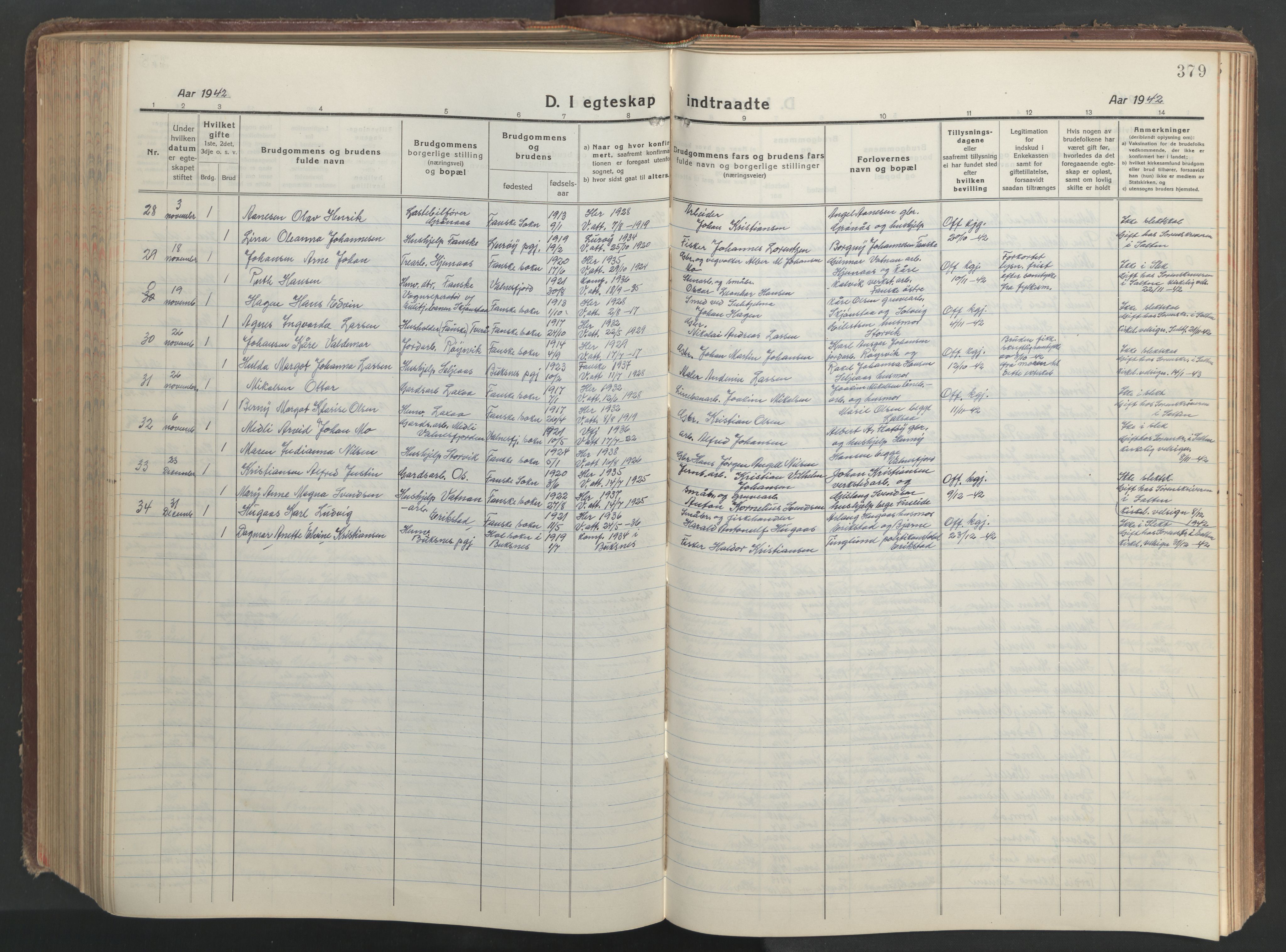 Ministerialprotokoller, klokkerbøker og fødselsregistre - Nordland, AV/SAT-A-1459/849/L0700: Parish register (copy) no. 849C01, 1919-1946, p. 379