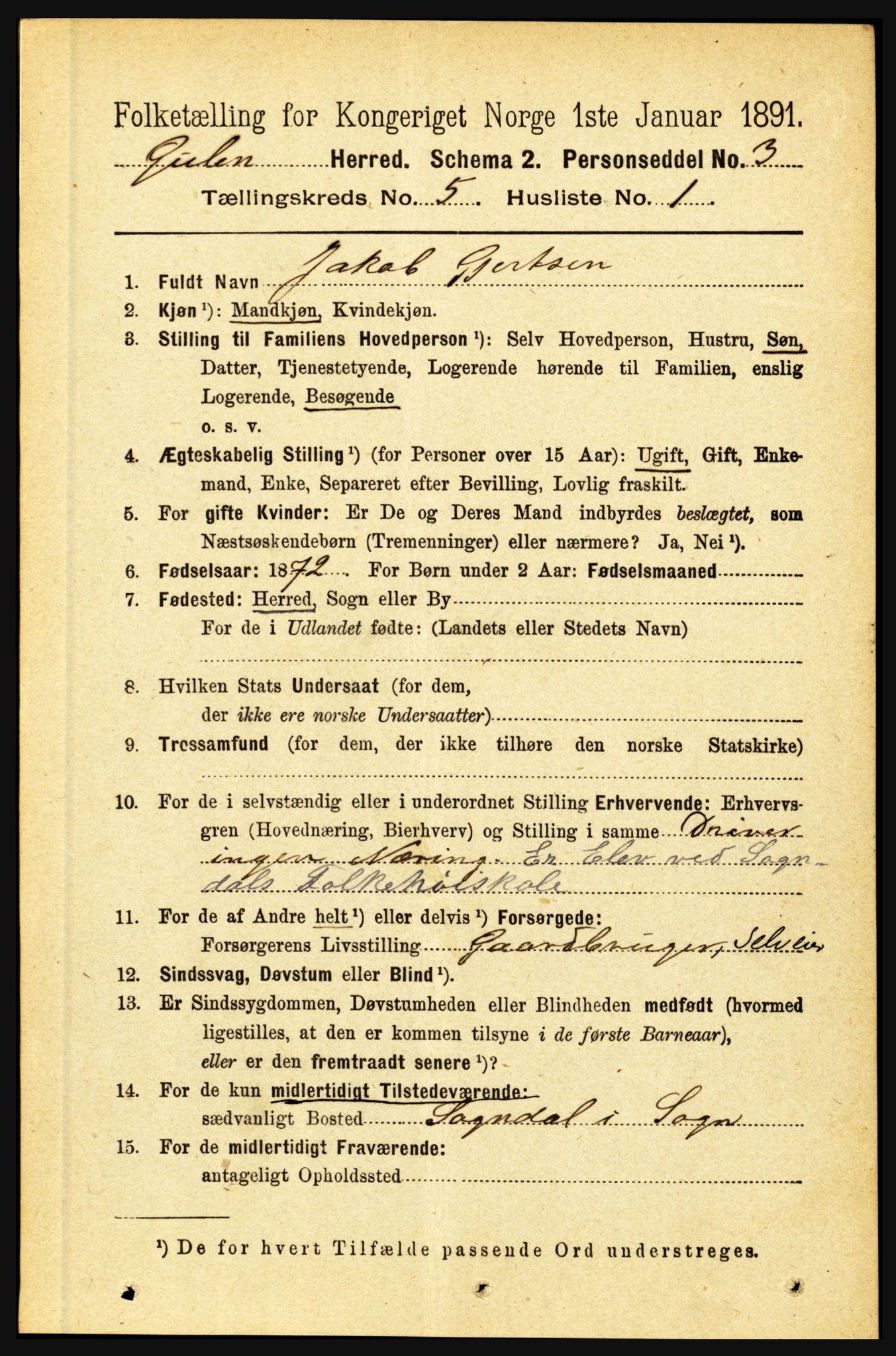 RA, 1891 census for 1411 Gulen, 1891, p. 1662