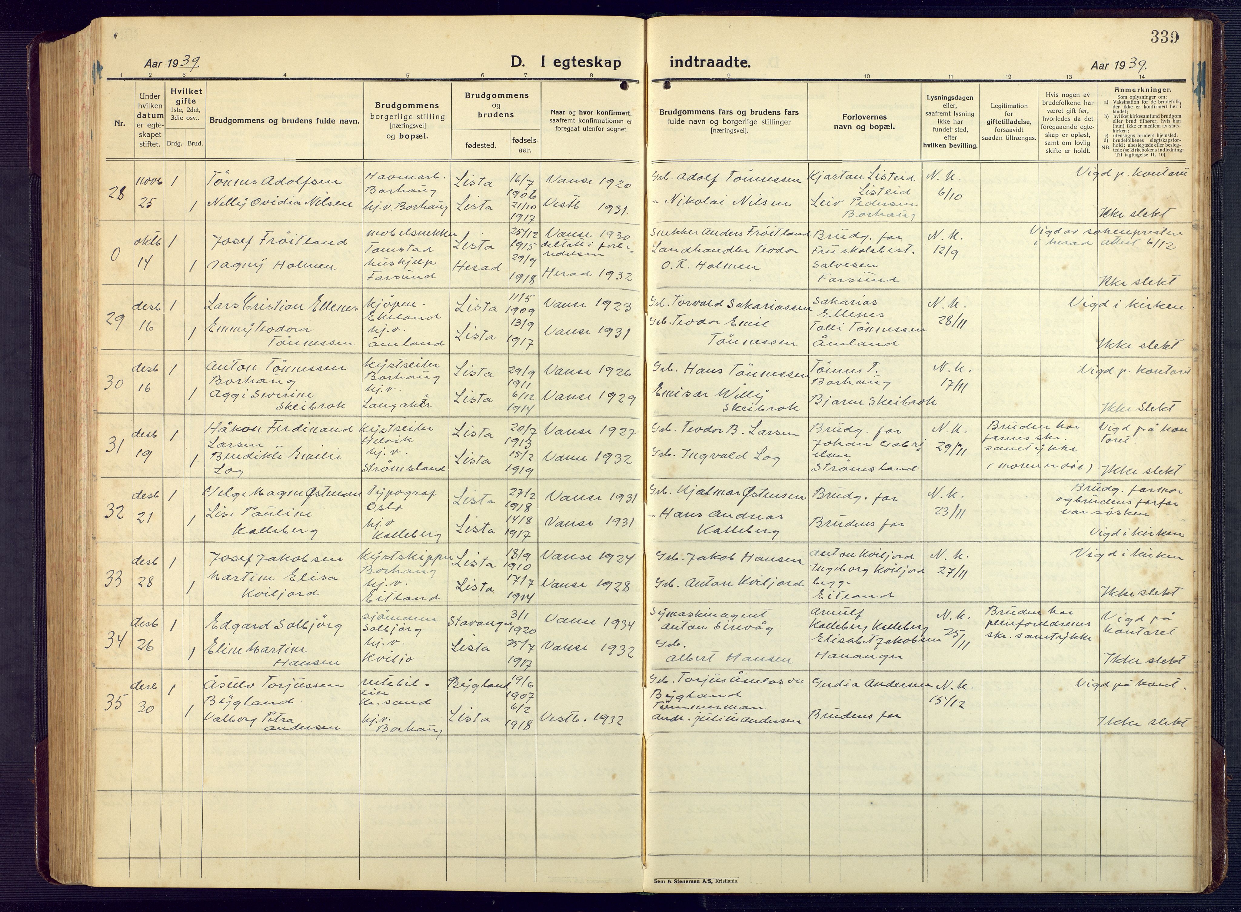 Lista sokneprestkontor, AV/SAK-1111-0027/F/Fb/L0006: Parish register (copy) no. B 6, 1924-1947, p. 339