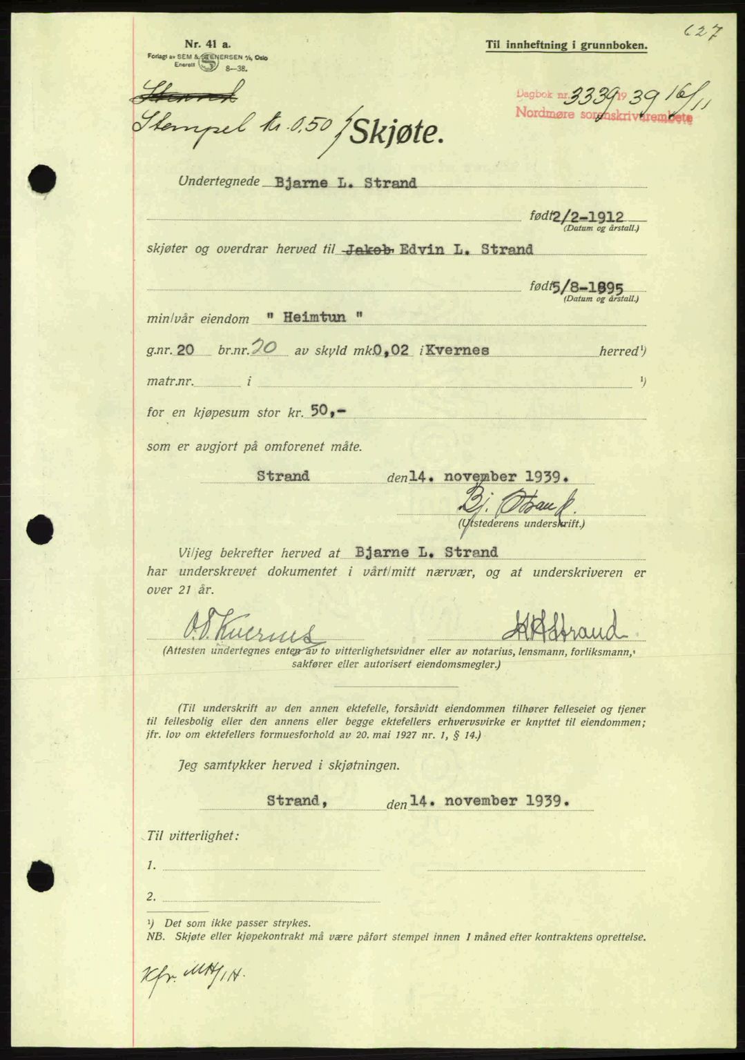 Nordmøre sorenskriveri, AV/SAT-A-4132/1/2/2Ca: Mortgage book no. A87, 1939-1940, Diary no: : 3339/1939