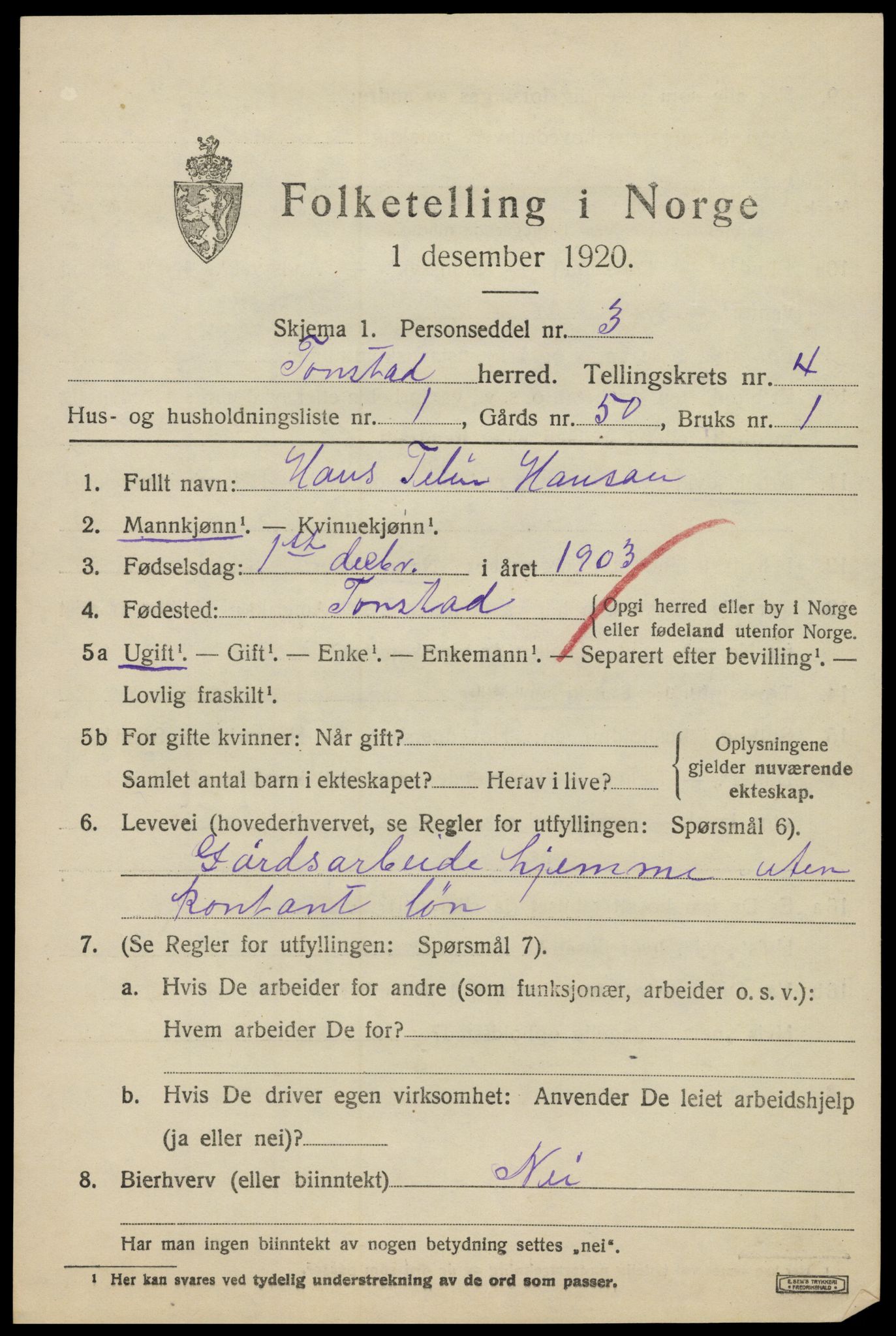 SAK, 1920 census for Tonstad, 1920, p. 1292