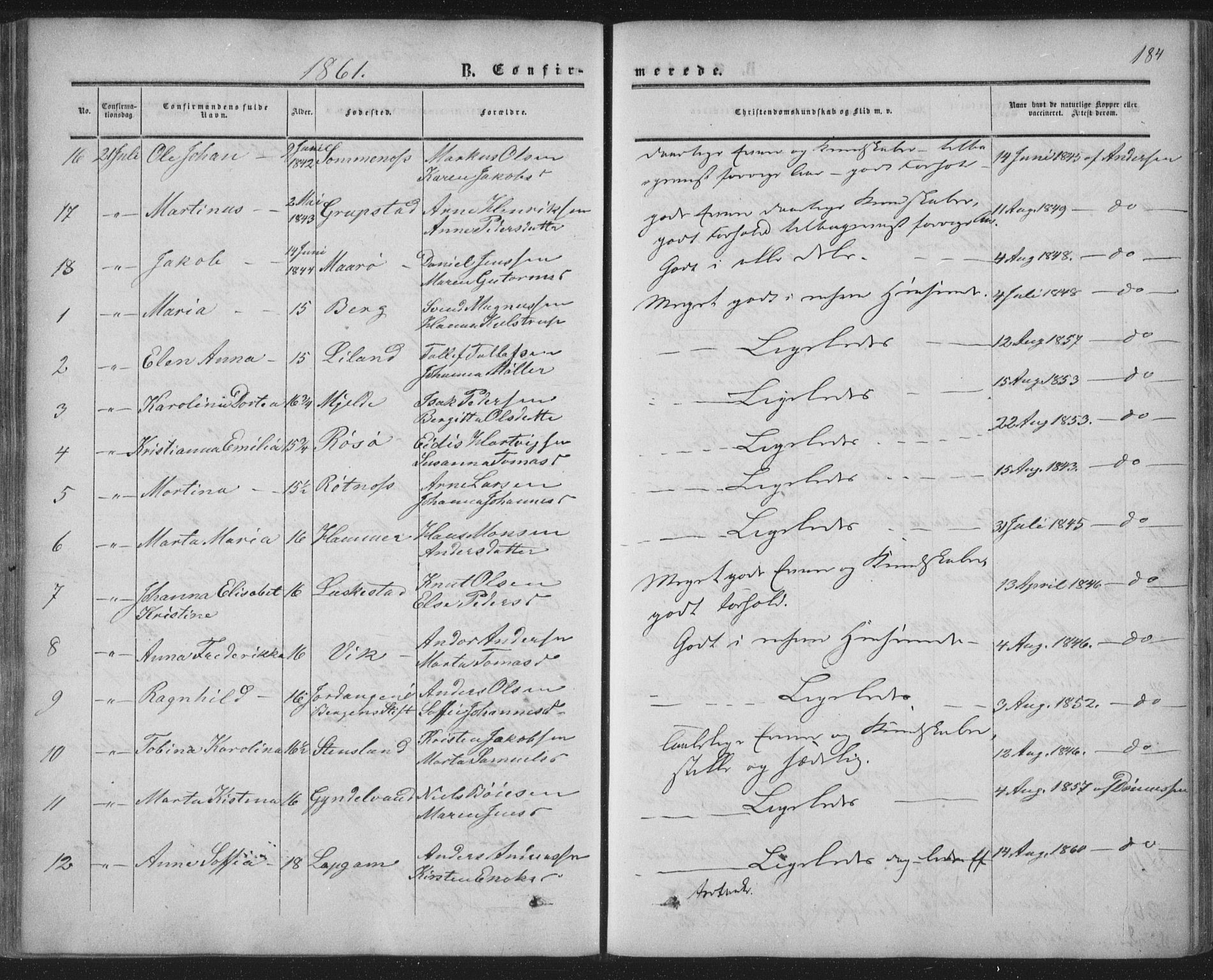 Ministerialprotokoller, klokkerbøker og fødselsregistre - Nordland, AV/SAT-A-1459/855/L0800: Parish register (official) no. 855A08, 1852-1864, p. 184