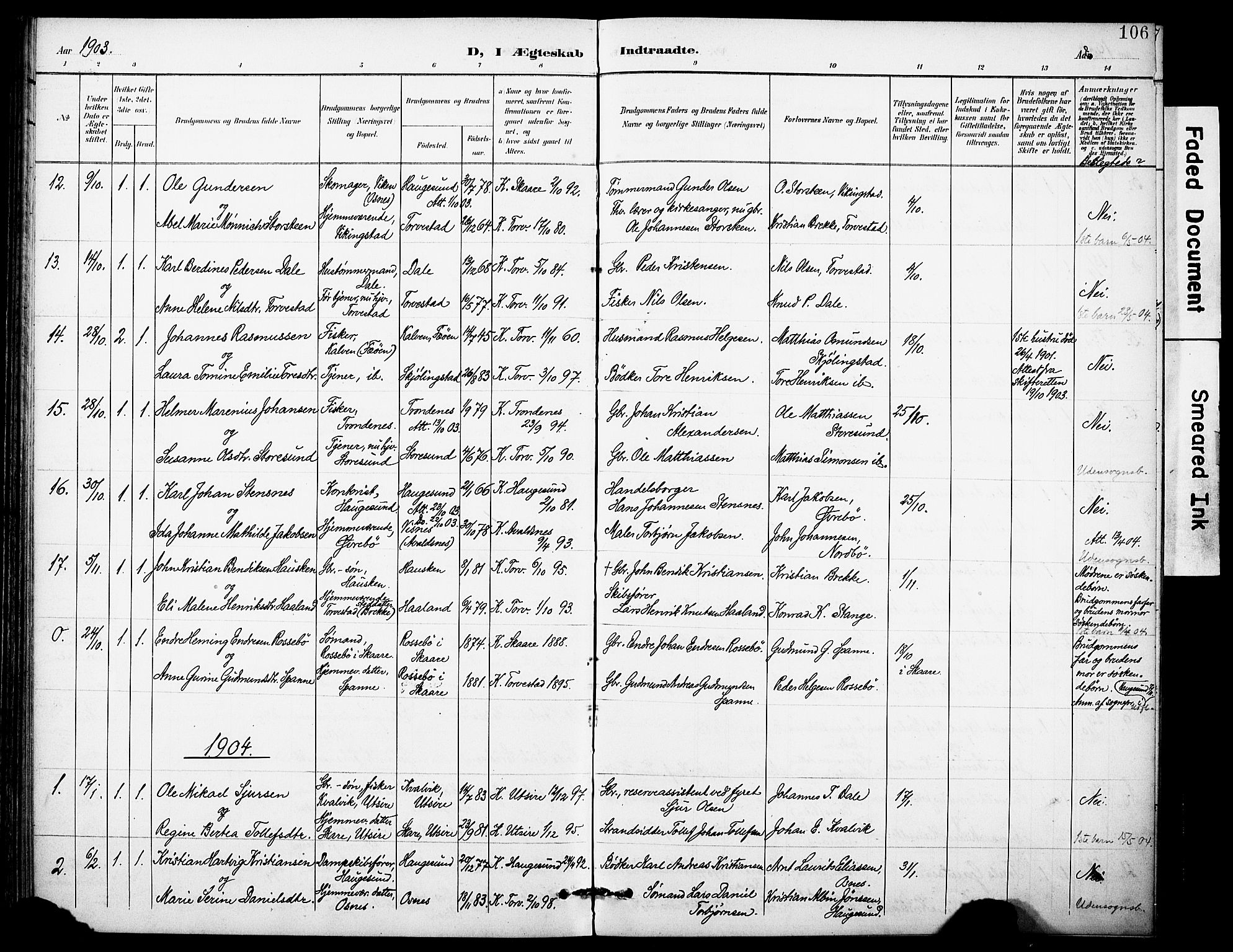 Torvastad sokneprestkontor, SAST/A -101857/H/Ha/Haa/L0017: Parish register (official) no. A 16, 1899-1911, p. 106