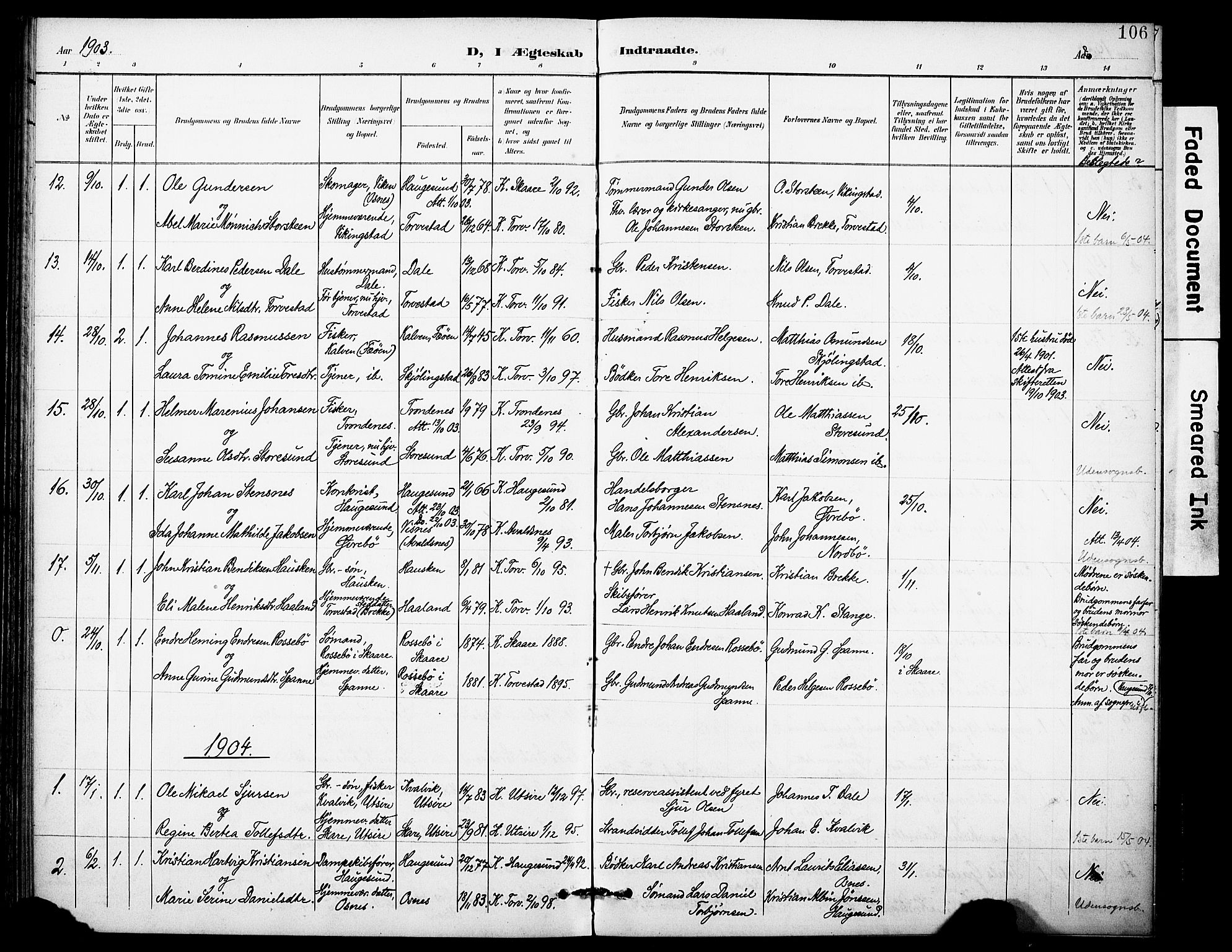 Torvastad sokneprestkontor, AV/SAST-A -101857/H/Ha/Haa/L0017: Parish register (official) no. A 16, 1899-1911, p. 106