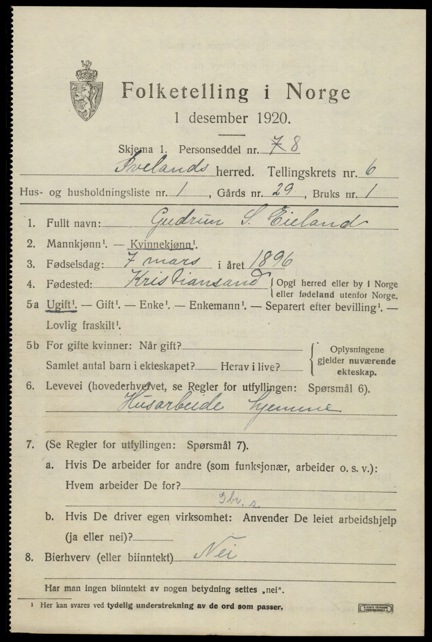 SAK, 1920 census for Iveland, 1920, p. 1941