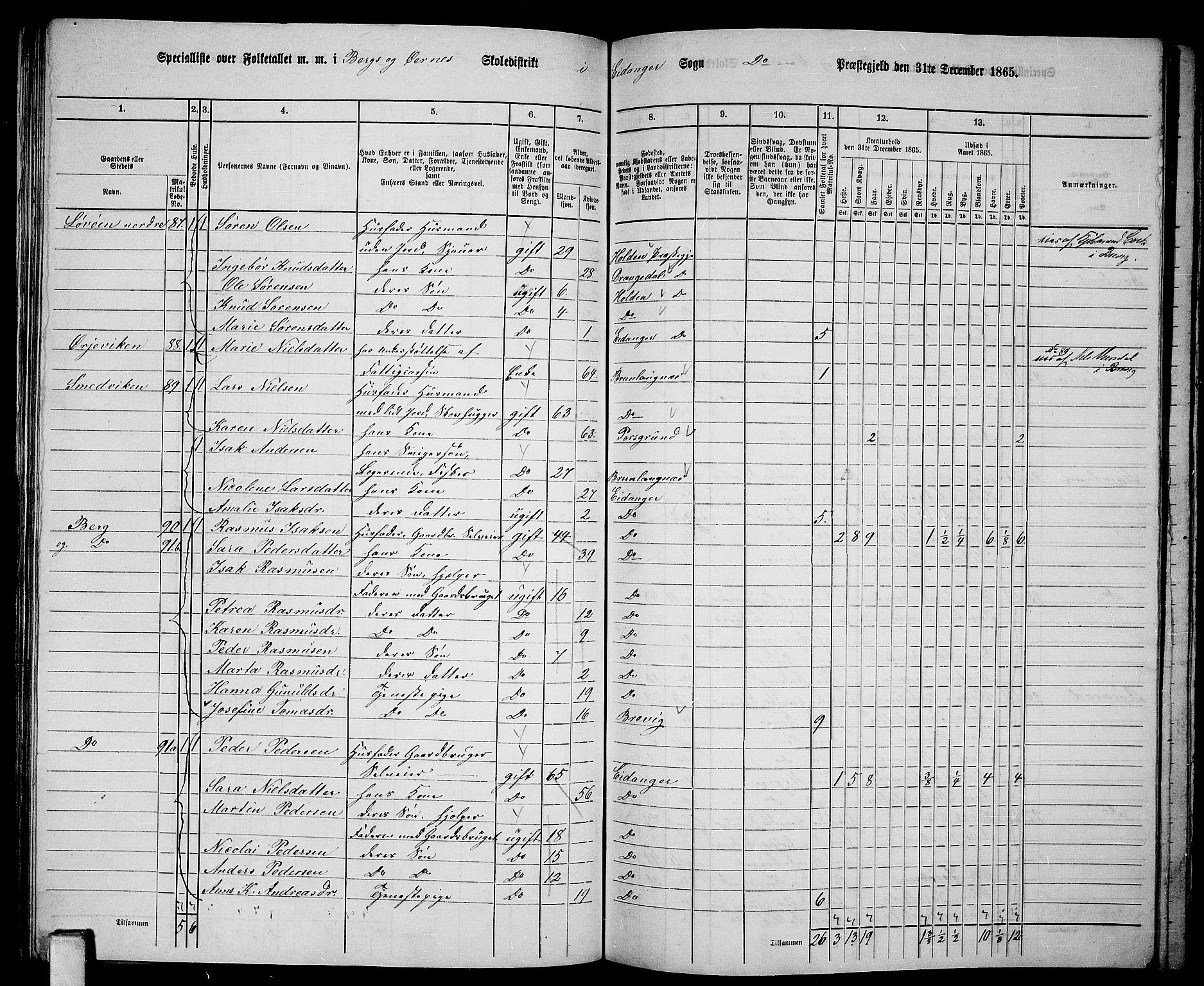 RA, 1865 census for Eidanger, 1865, p. 58