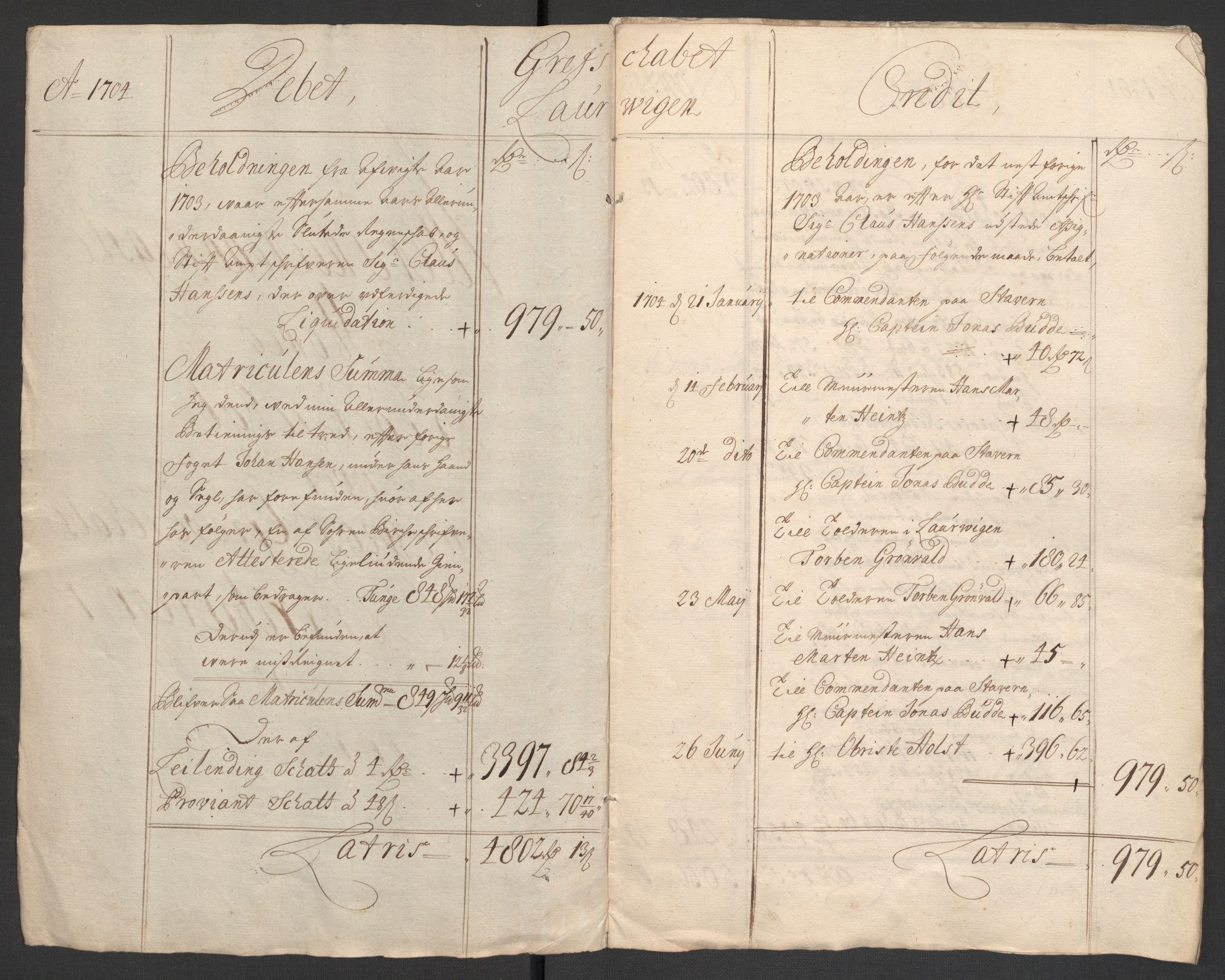 Rentekammeret inntil 1814, Reviderte regnskaper, Fogderegnskap, RA/EA-4092/R33/L1978: Fogderegnskap Larvik grevskap, 1704-1705, p. 4