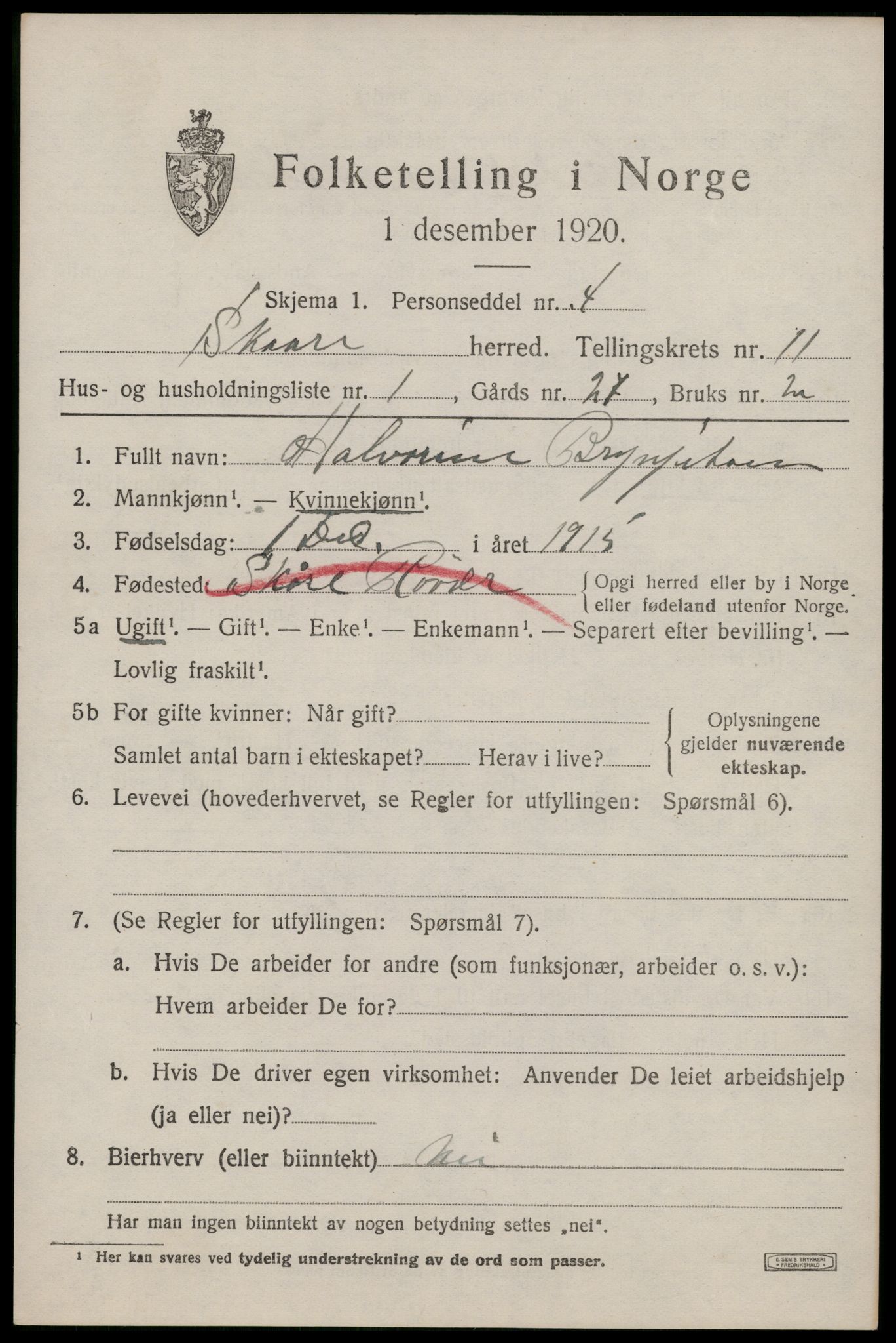 SAST, 1920 census for Skåre, 1920, p. 8282