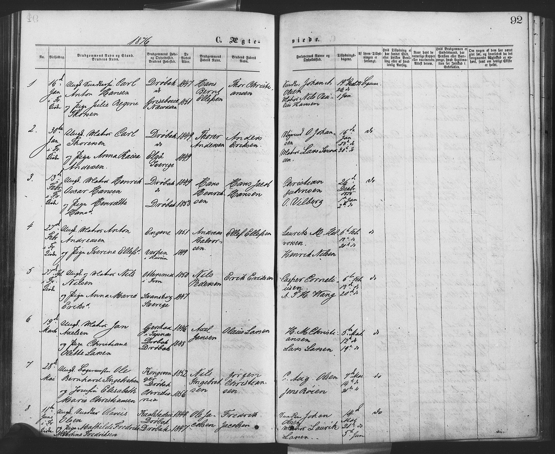 Drøbak prestekontor Kirkebøker, AV/SAO-A-10142a/F/Fa/L0003: Parish register (official) no. I 3, 1871-1877, p. 92