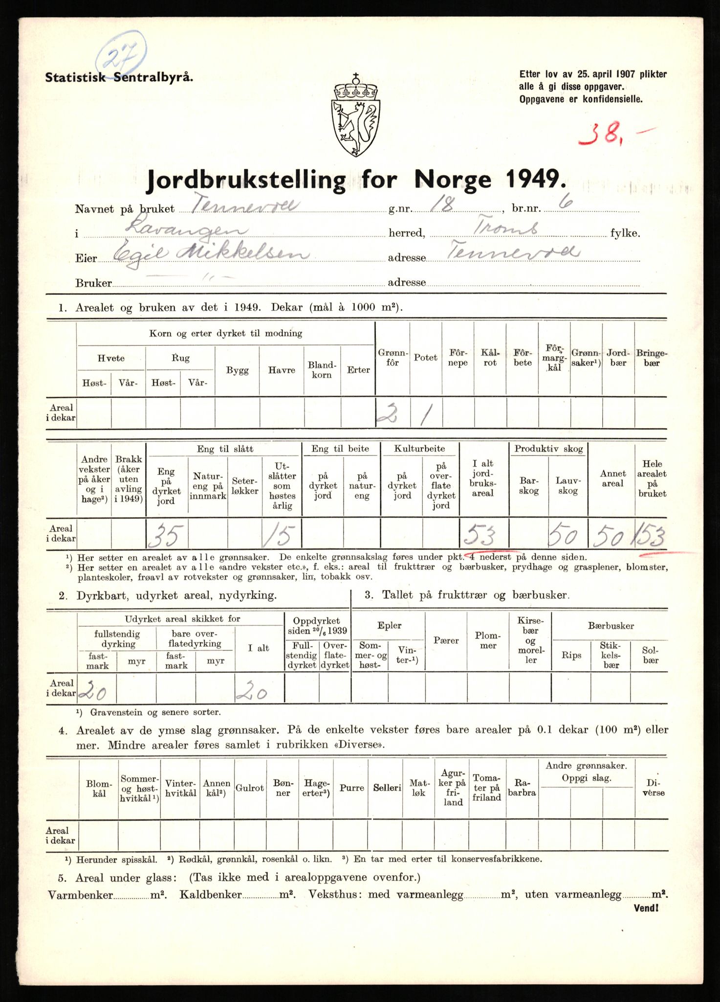 Statistisk sentralbyrå, Næringsøkonomiske emner, Jordbruk, skogbruk, jakt, fiske og fangst, AV/RA-S-2234/G/Gc/L0437: Troms: Gratangen og Lavangen, 1949, p. 521