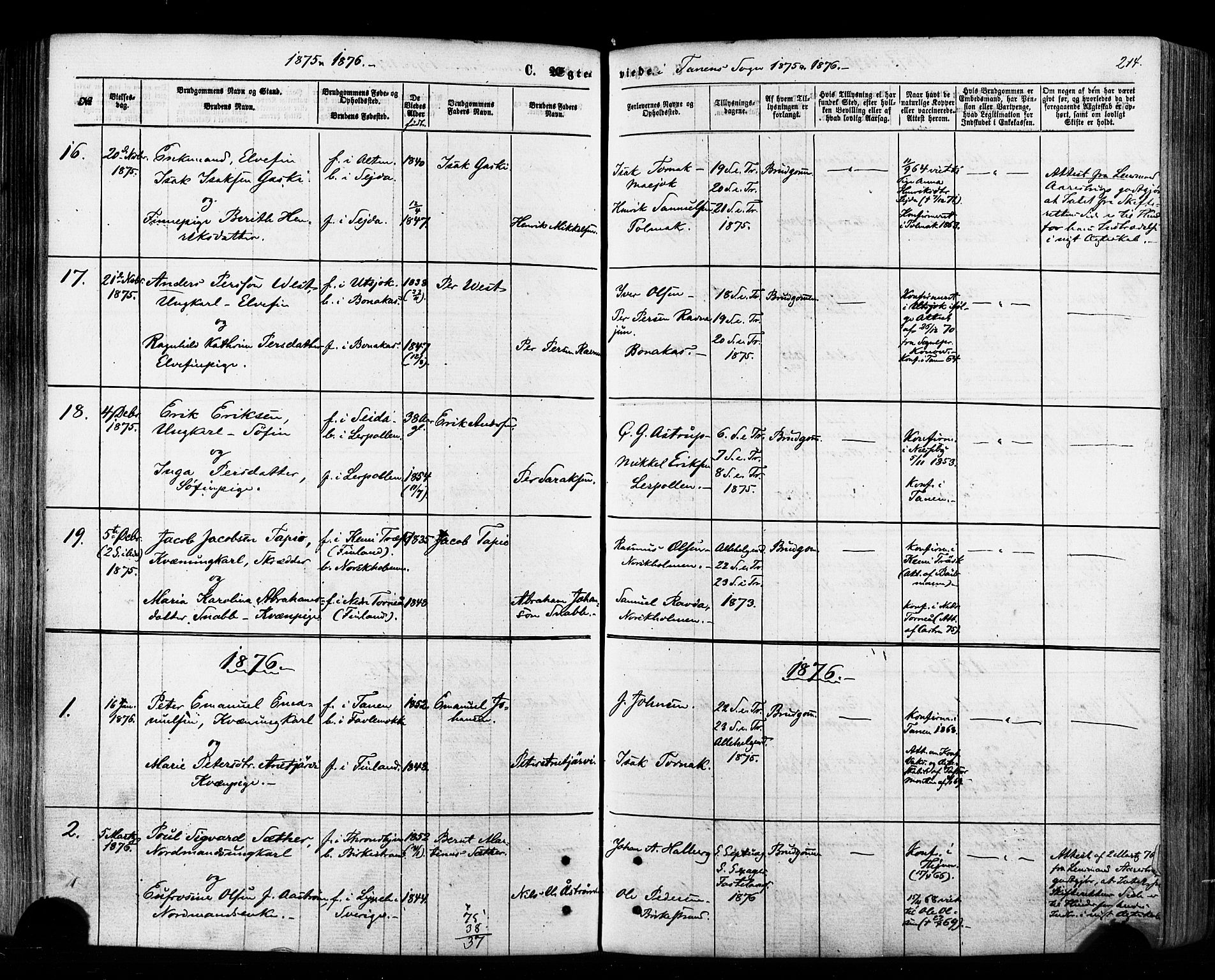 Tana sokneprestkontor, SATØ/S-1334/H/Ha/L0002kirke: Parish register (official) no. 2 /1, 1861-1877, p. 214