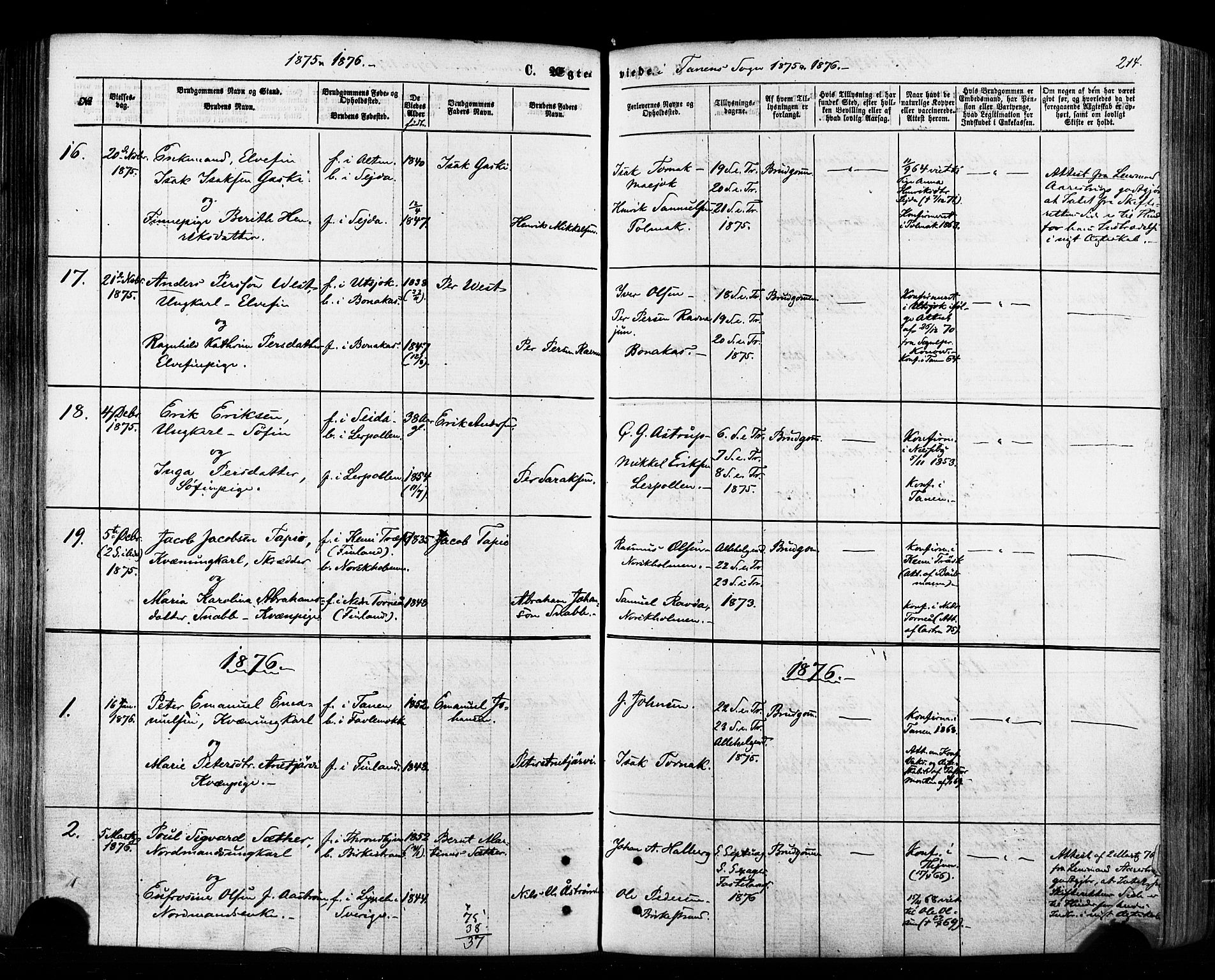 Tana sokneprestkontor, AV/SATØ-S-1334/H/Ha/L0002kirke: Parish register (official) no. 2 /1, 1861-1877, p. 214