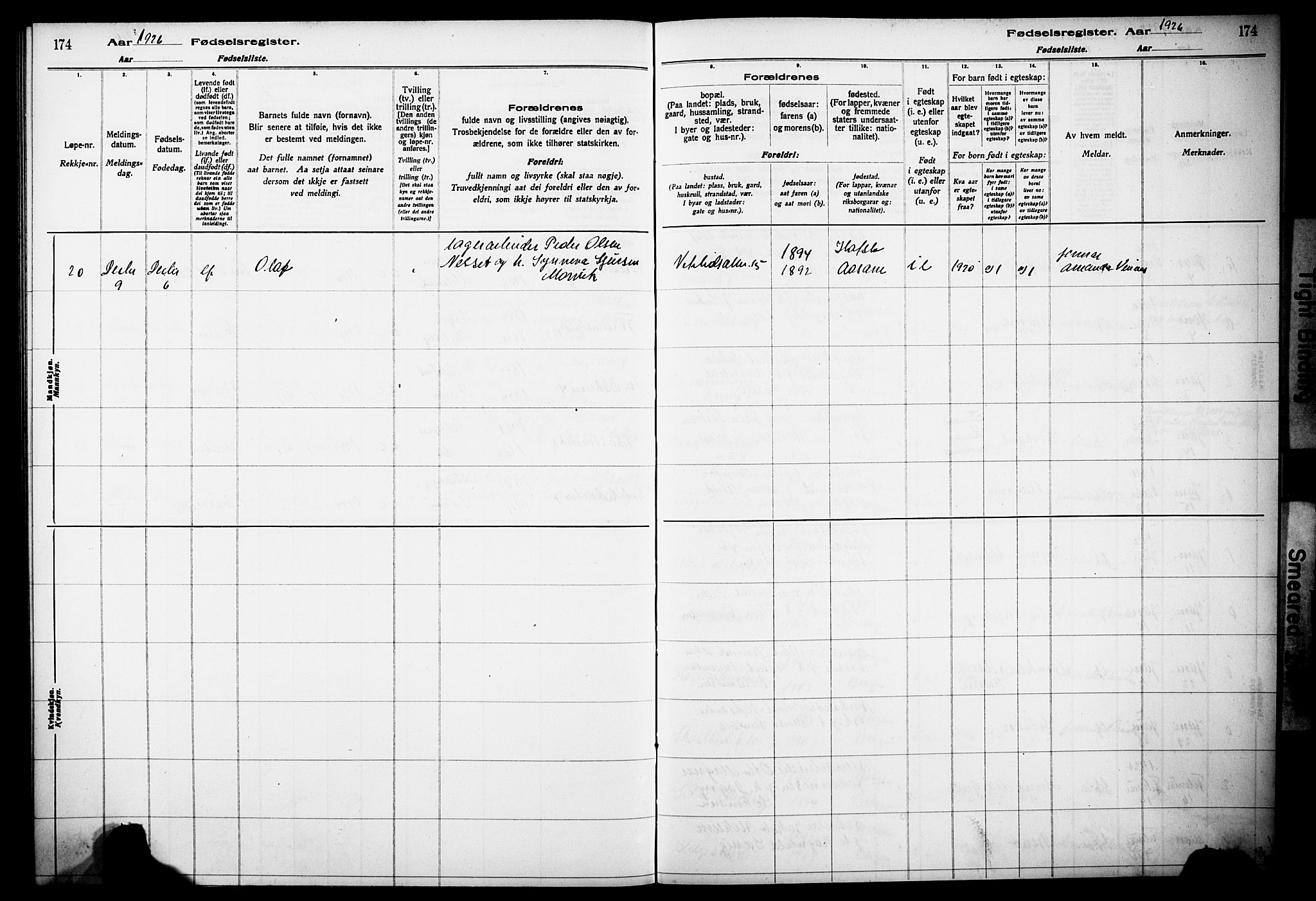 Korskirken sokneprestembete, SAB/A-76101/I/Id/L00A1: Birth register no. A 1, 1916-1929, p. 174