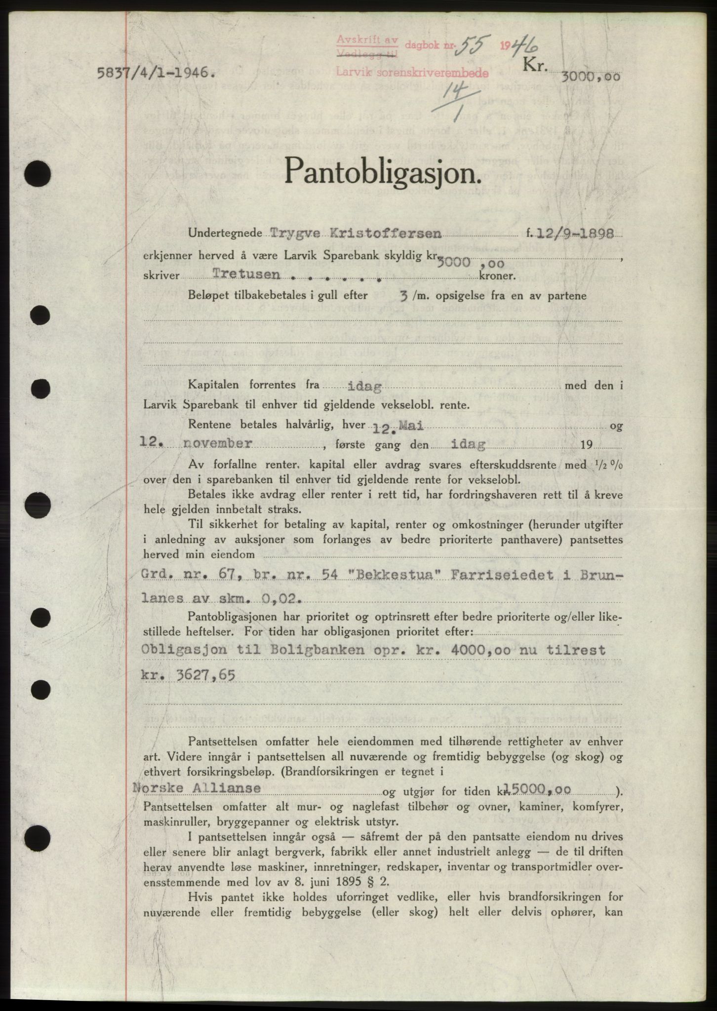 Larvik sorenskriveri, AV/SAKO-A-83/G/Ga/Gac/L0009b: Mortgage book no. B-9b, 1946-1946, Diary no: : 55/1946