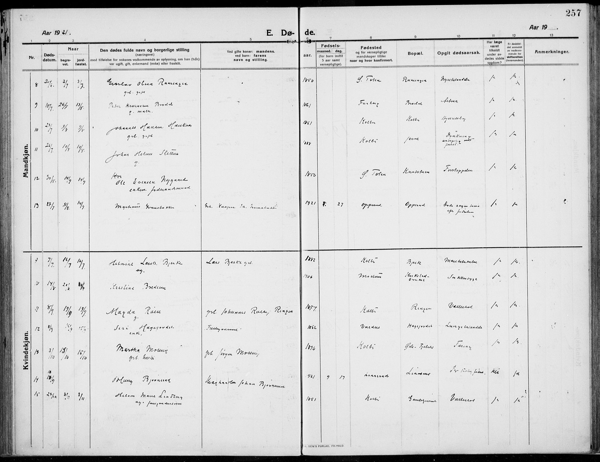 Kolbu prestekontor, SAH/PREST-110/H/Ha/Haa/L0002: Parish register (official) no. 2, 1912-1926, p. 257