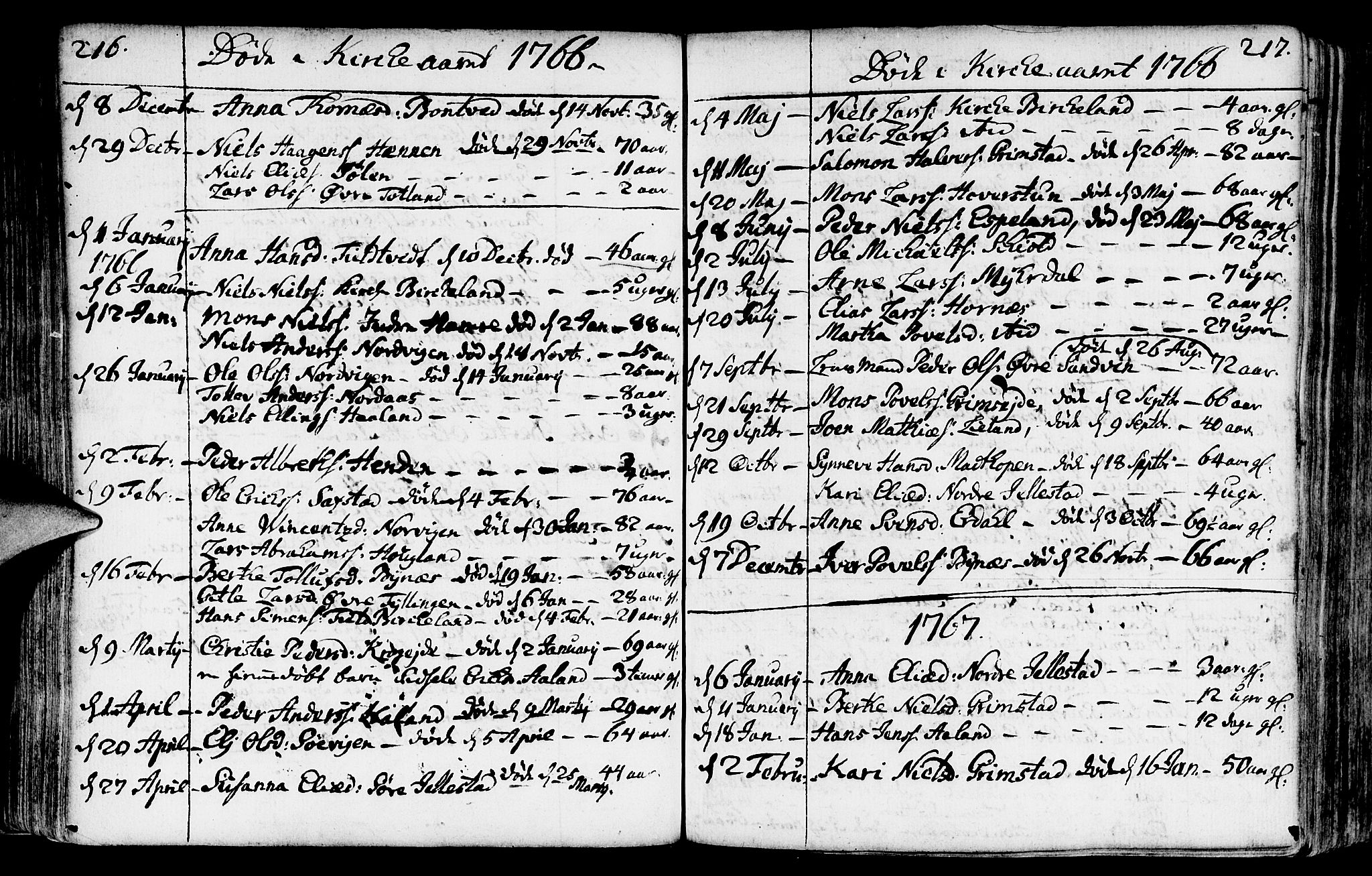 Fana Sokneprestembete, AV/SAB-A-75101/H/Haa/Haaa/L0004: Parish register (official) no. A 4, 1757-1774, p. 216-217