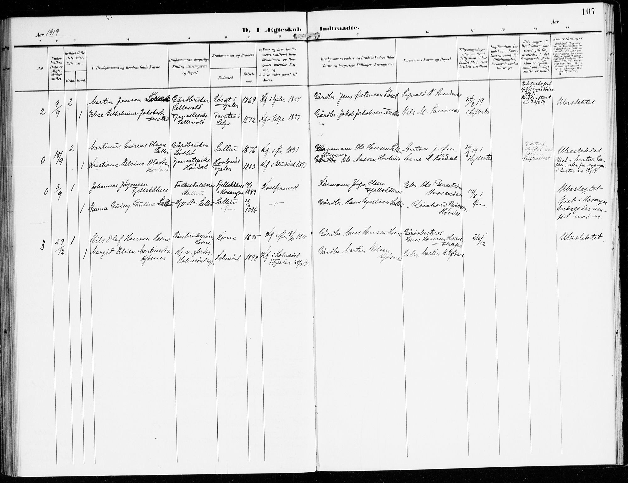 Hyllestad sokneprestembete, SAB/A-80401: Parish register (official) no. D 2, 1905-1919, p. 107