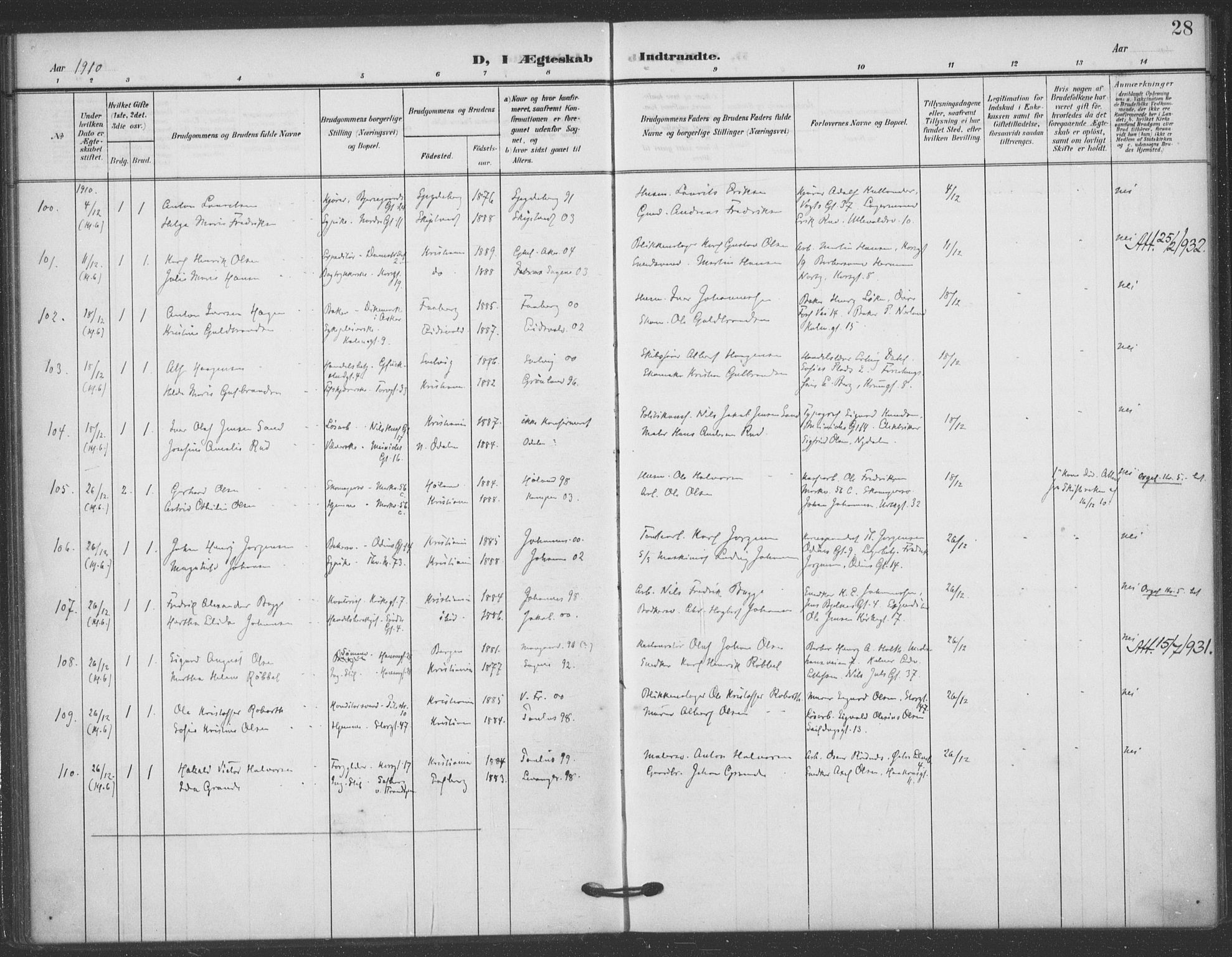 Jakob prestekontor Kirkebøker, AV/SAO-A-10850/F/Fa/L0010: Parish register (official) no. 10, 1908-1922, p. 28