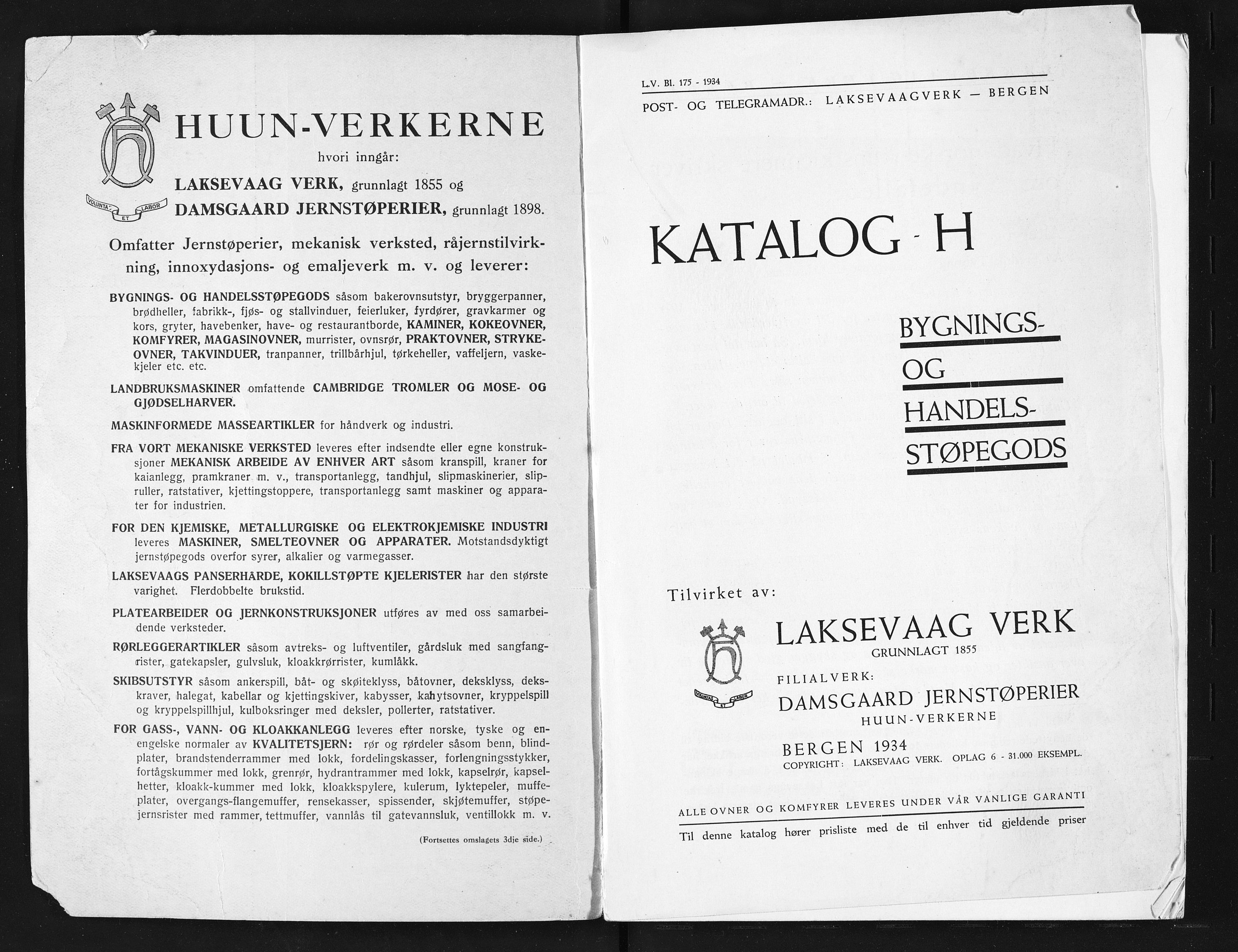 Næs Jernverksmuseets samling av historiske ovnskataloger, NESJ/NJM-006/01/L0027: Laksevaag Verk Bergen, 1934