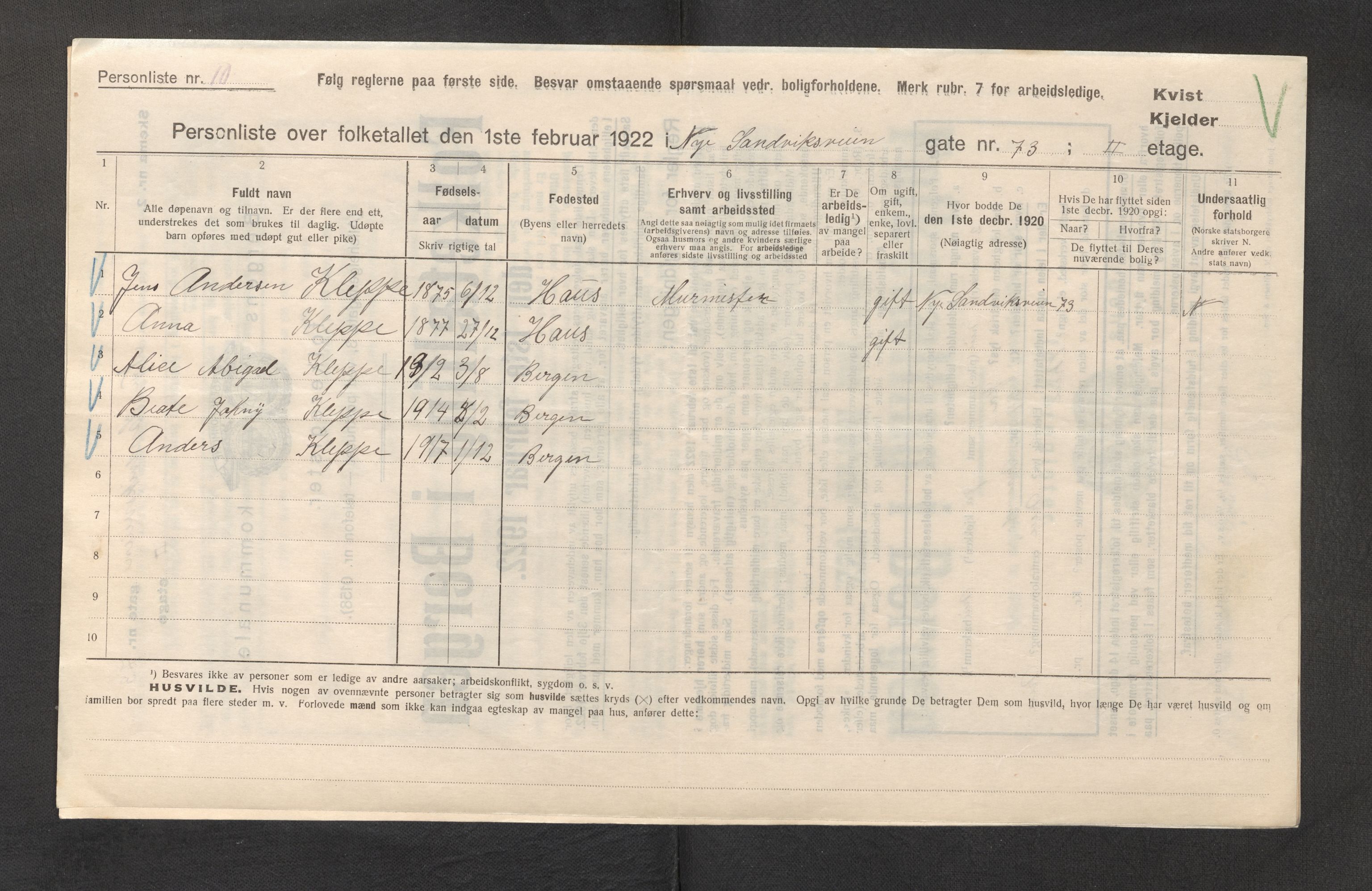 SAB, Municipal Census 1922 for Bergen, 1922, p. 35330