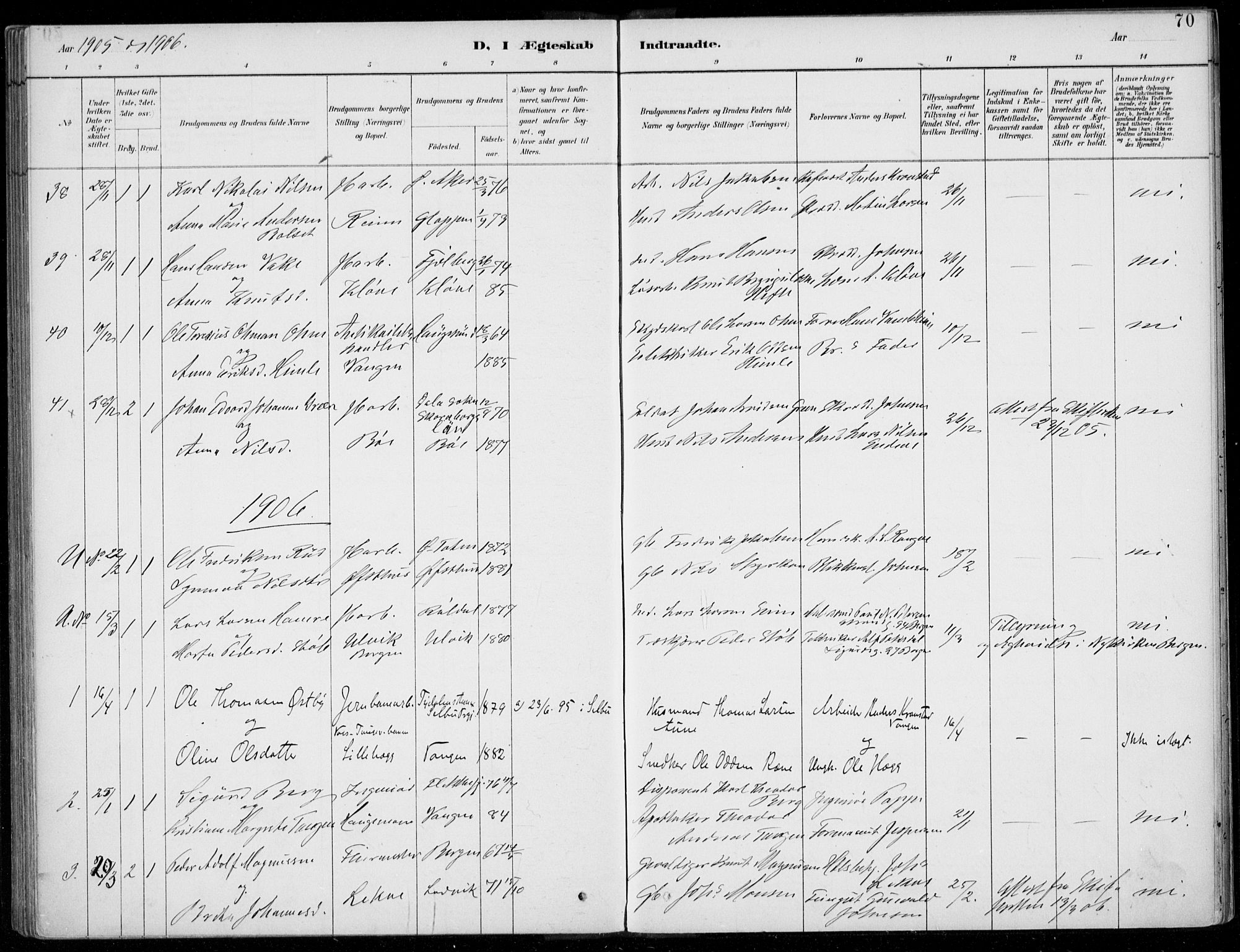 Voss sokneprestembete, AV/SAB-A-79001/H/Haa: Parish register (official) no. C  1, 1887-1915, p. 70